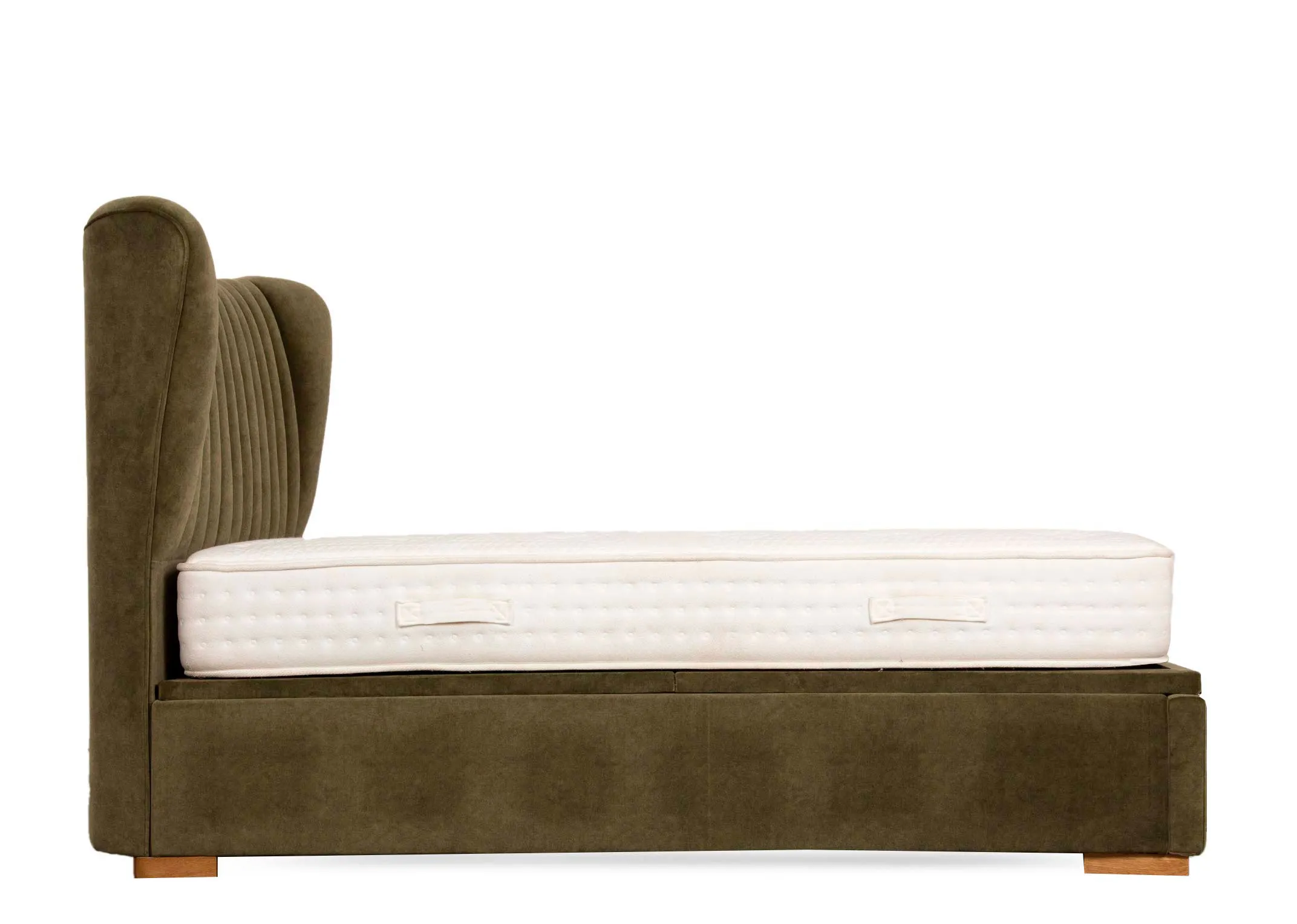 A 4ft6 green velvet ottoman bed from EZ Livings Robin range. Side view
