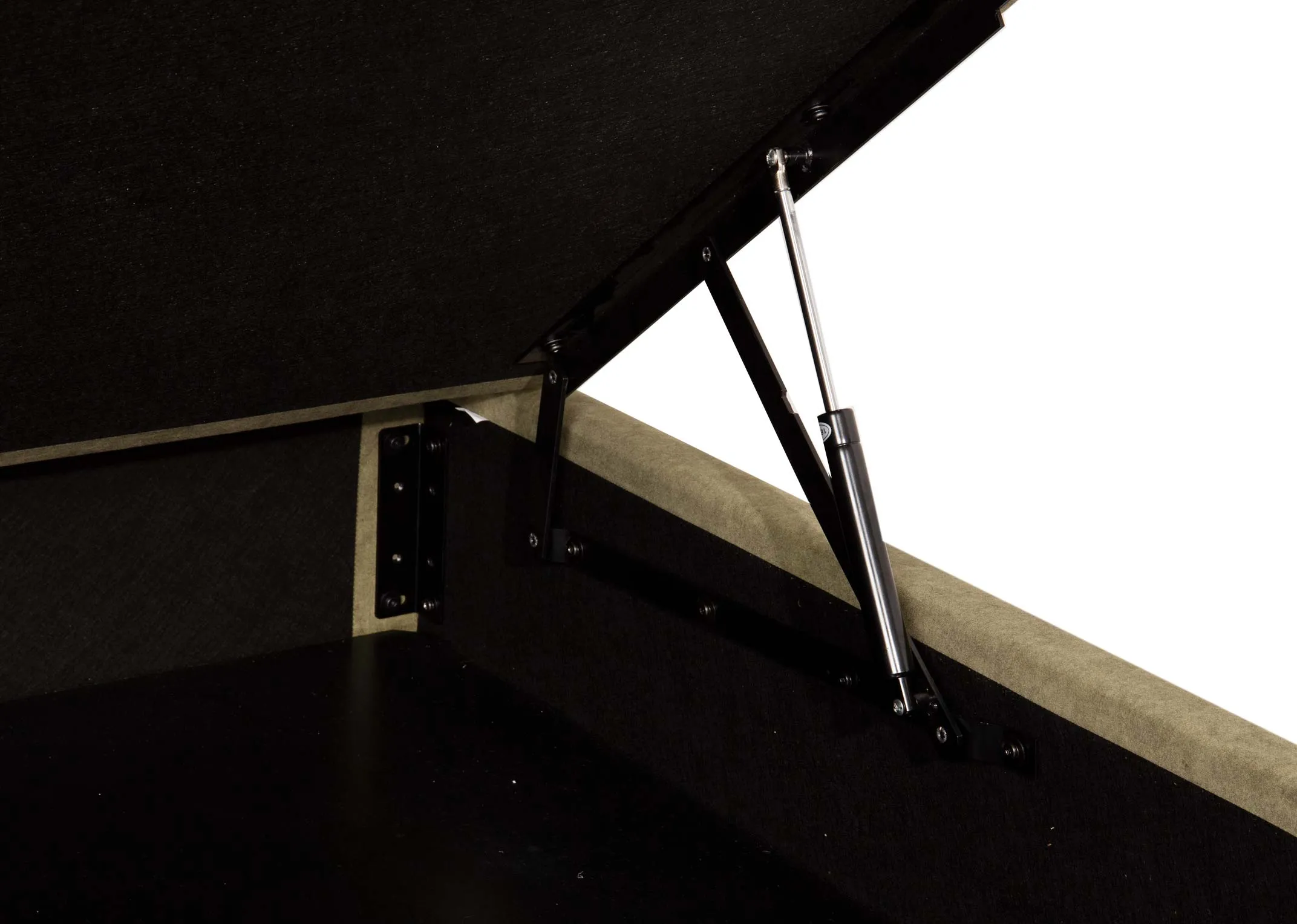 A 4ft6 green velvet ottoman bed from EZ Livings Robin range. Closeup of hinges