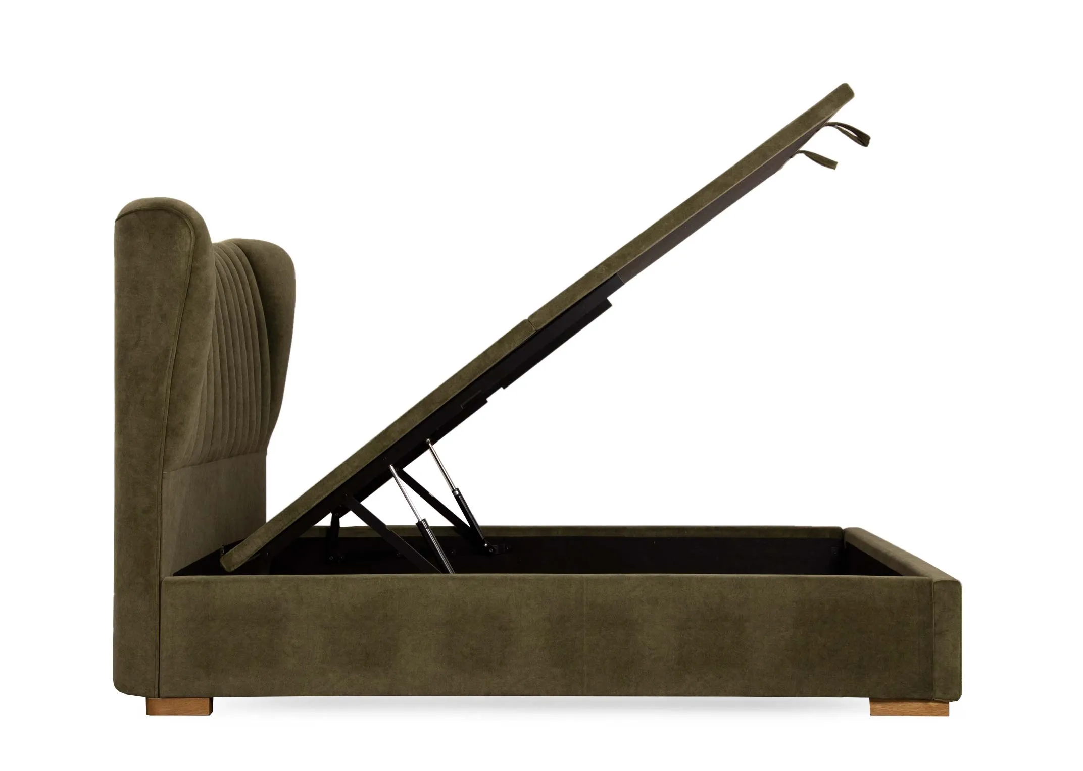 A 4ft6 green velvet ottoman bed from EZ Livings Robin range. Side view of ottoman bed open