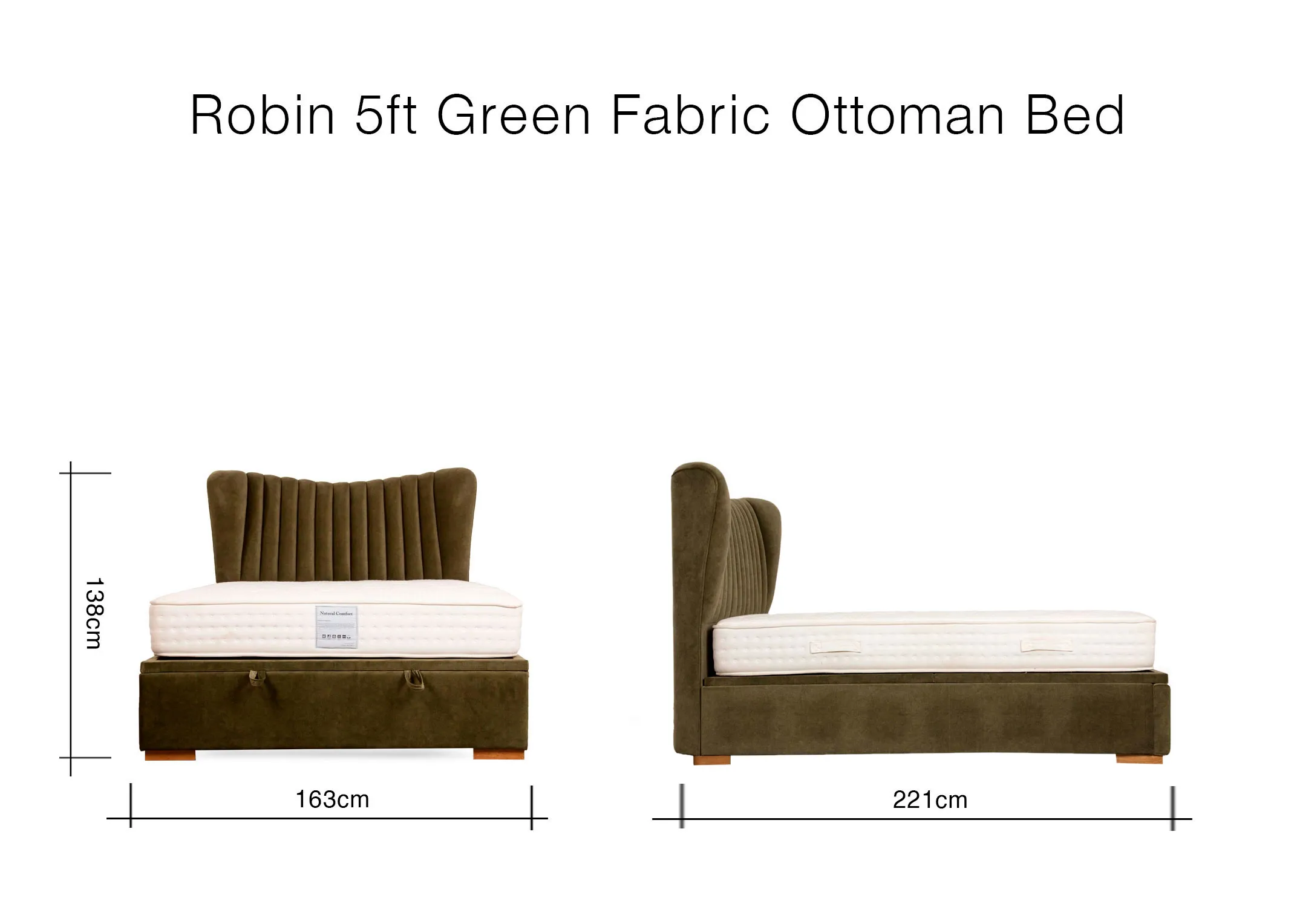 A dimension image of the Robin Green Fabric Ottoman Bed with 163cm x 221cm x 138cm