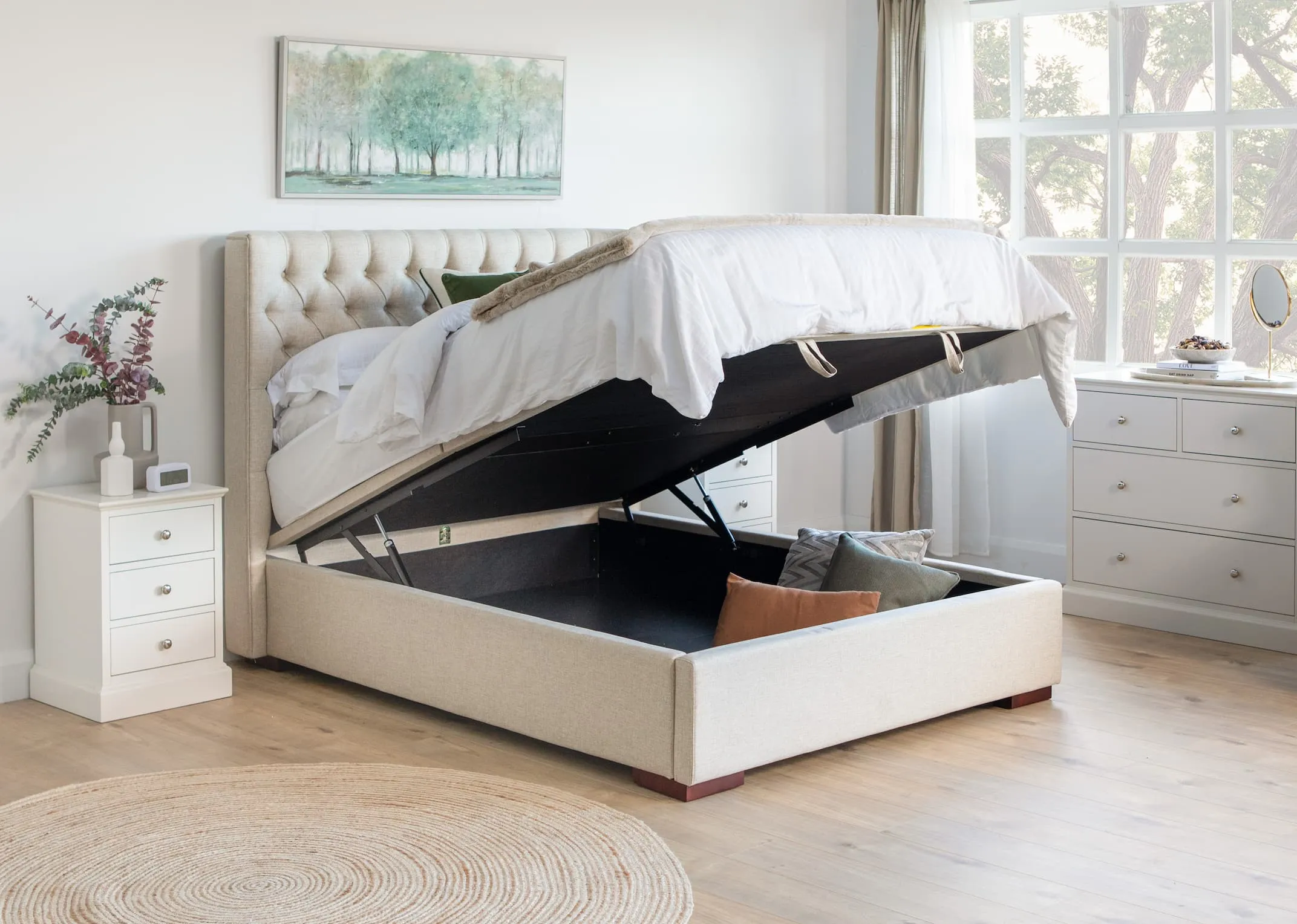King Size (5ft) Beige Linen Ottoman Bed - Chester