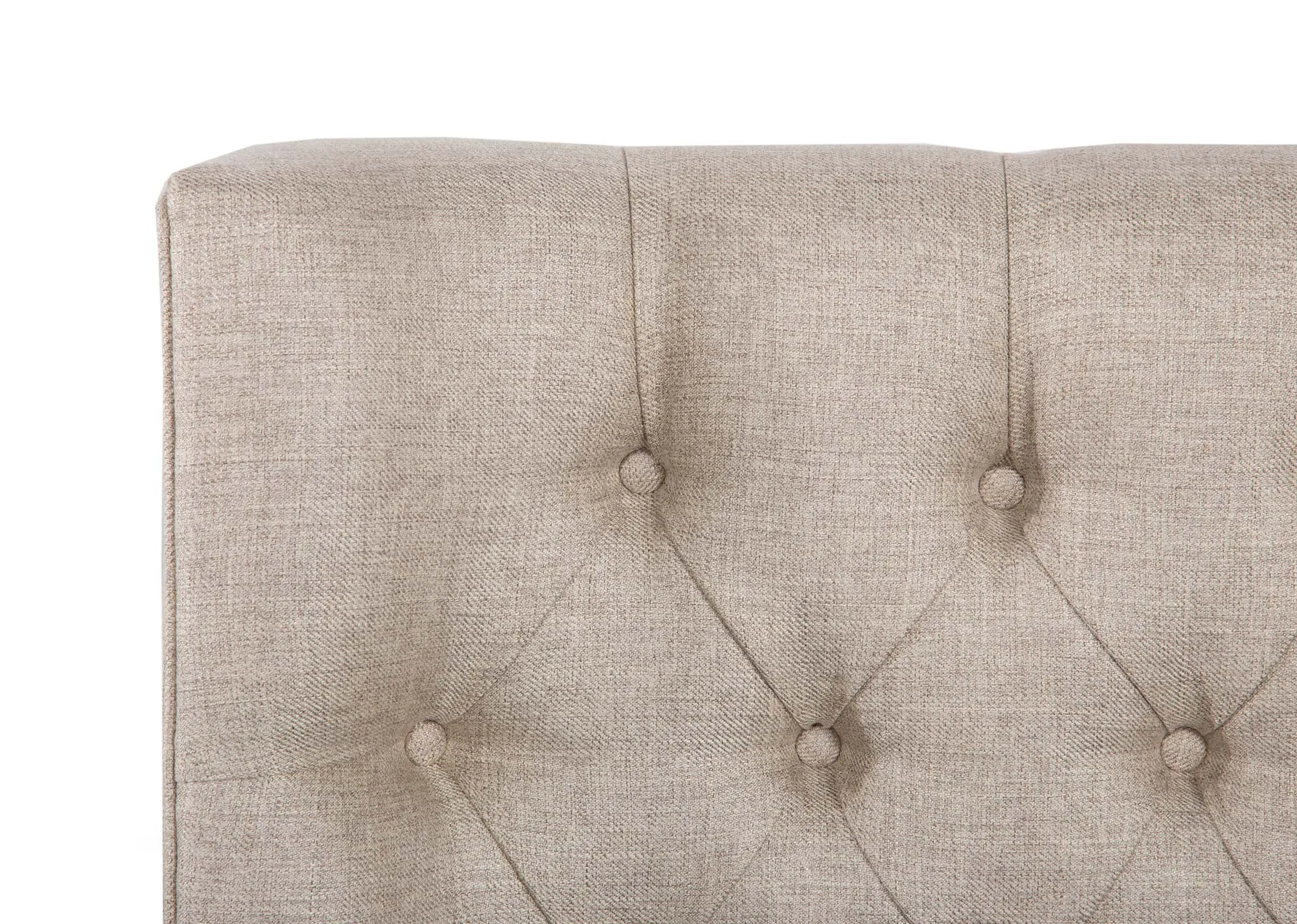 A 5ft king size beige linen fabric ottoman from EZ Livings Chester range. Closeup of bed base