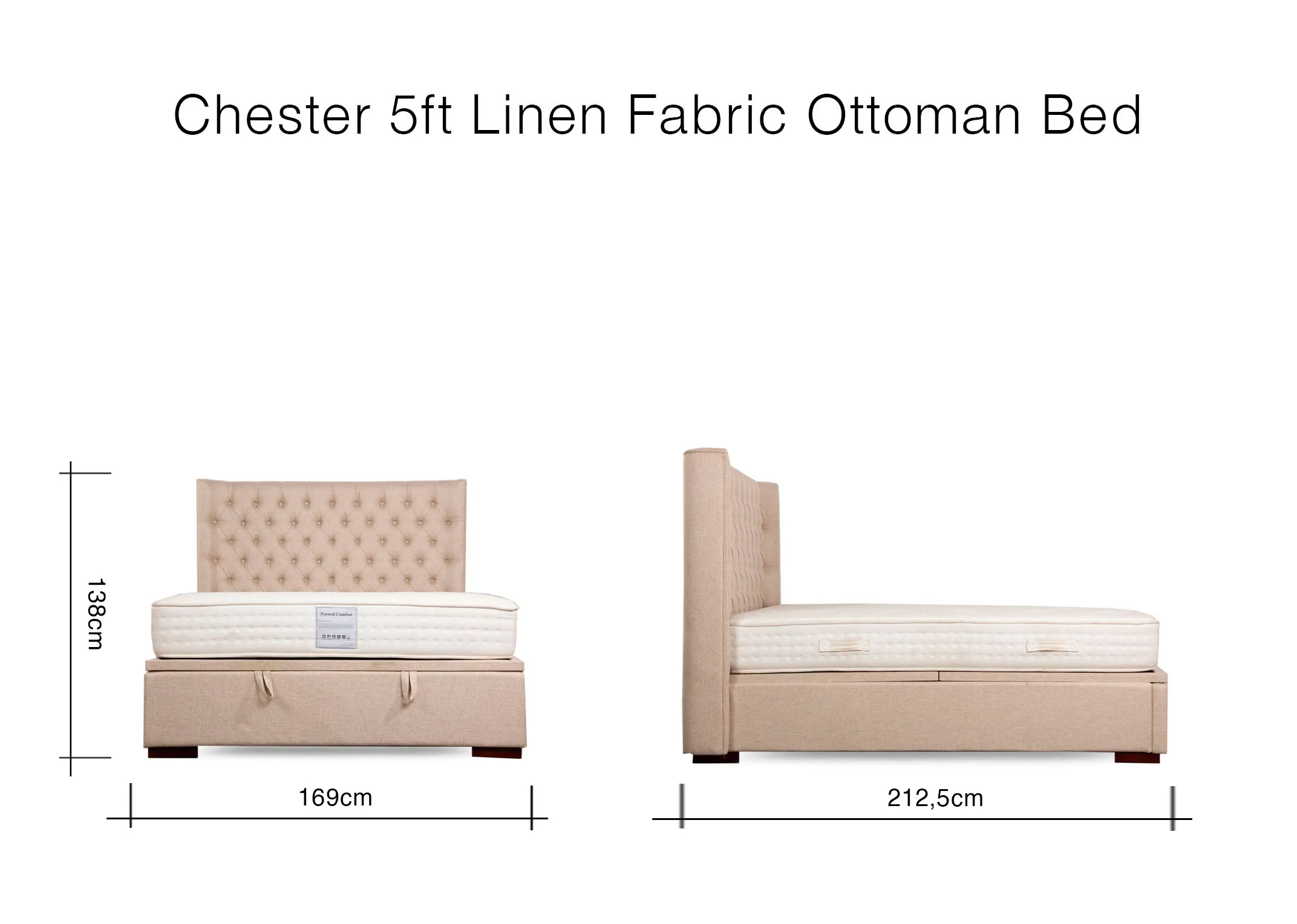 A dimension image of the Chester 5ft Ottoman with 169cm x 212.5cm x 138cm
