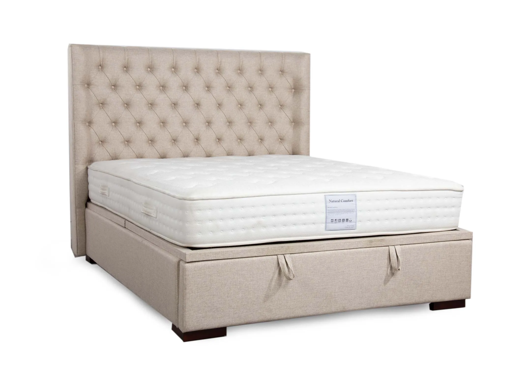 A 5ft king size beige linen fabric ottoman from EZ Livings Chester range. Angled view of bed closed with mattress