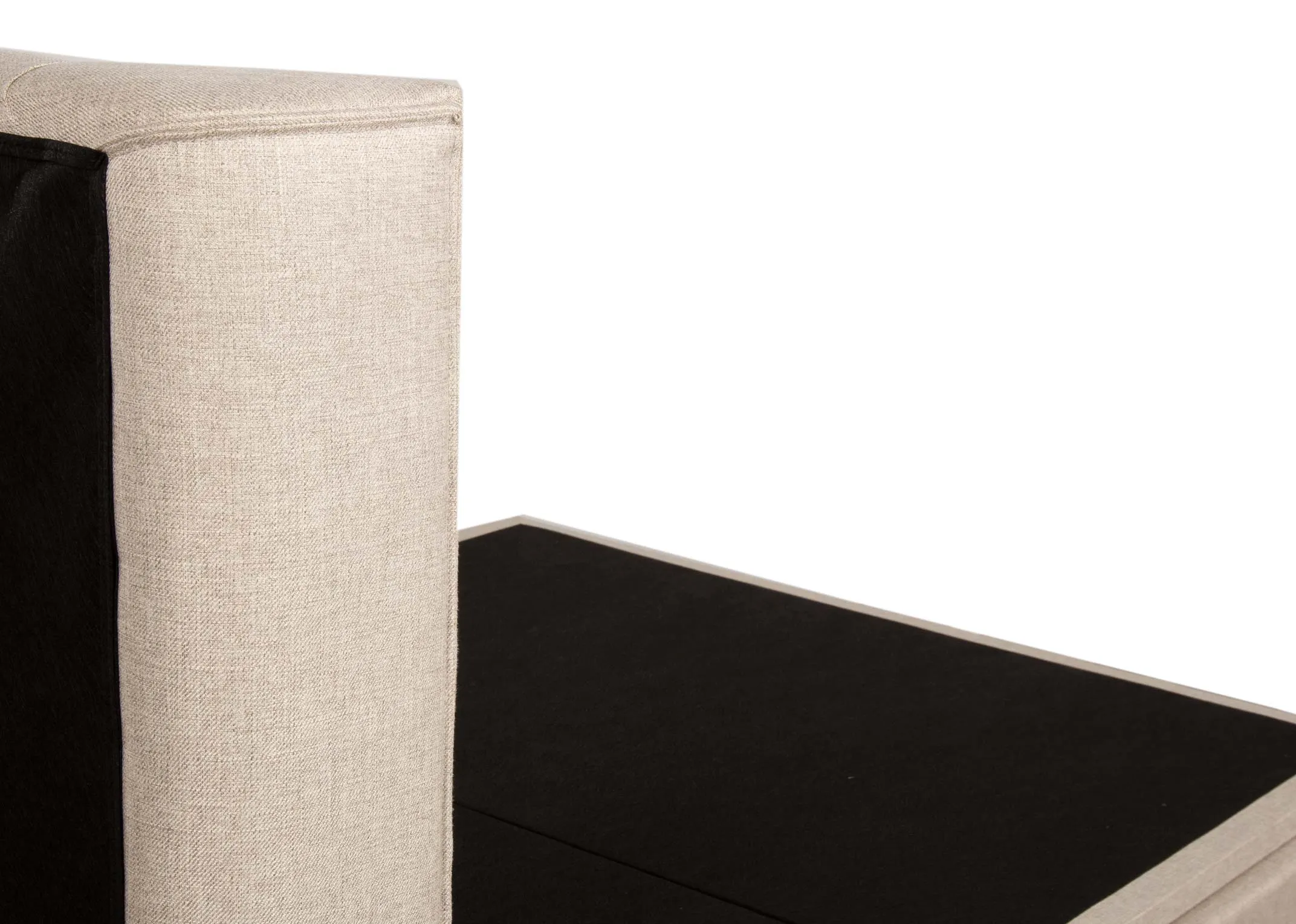 A 5ft king size beige linen fabric ottoman from EZ Livings Chester range. Side view of dark feet and length with mattress