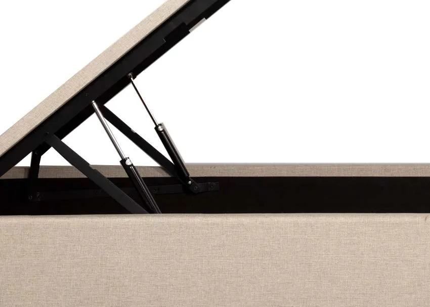 A 6ft super king size beige linen ottoman bed from EZ Livings Chester range. Closeup of hinges