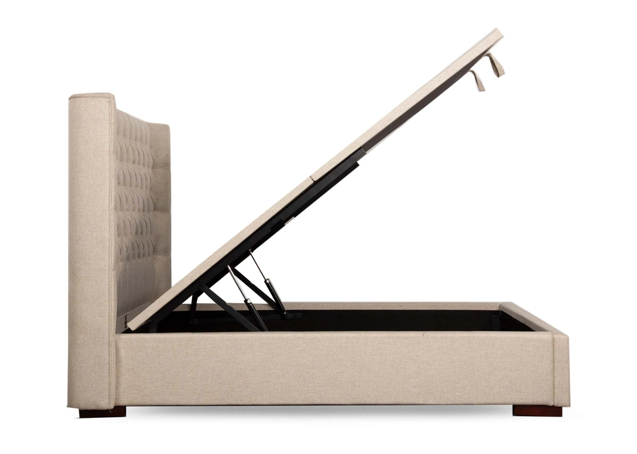 A 6ft super king size beige linen ottoman bed from EZ Livings Chester range. Side view of ottoman open revealing storage