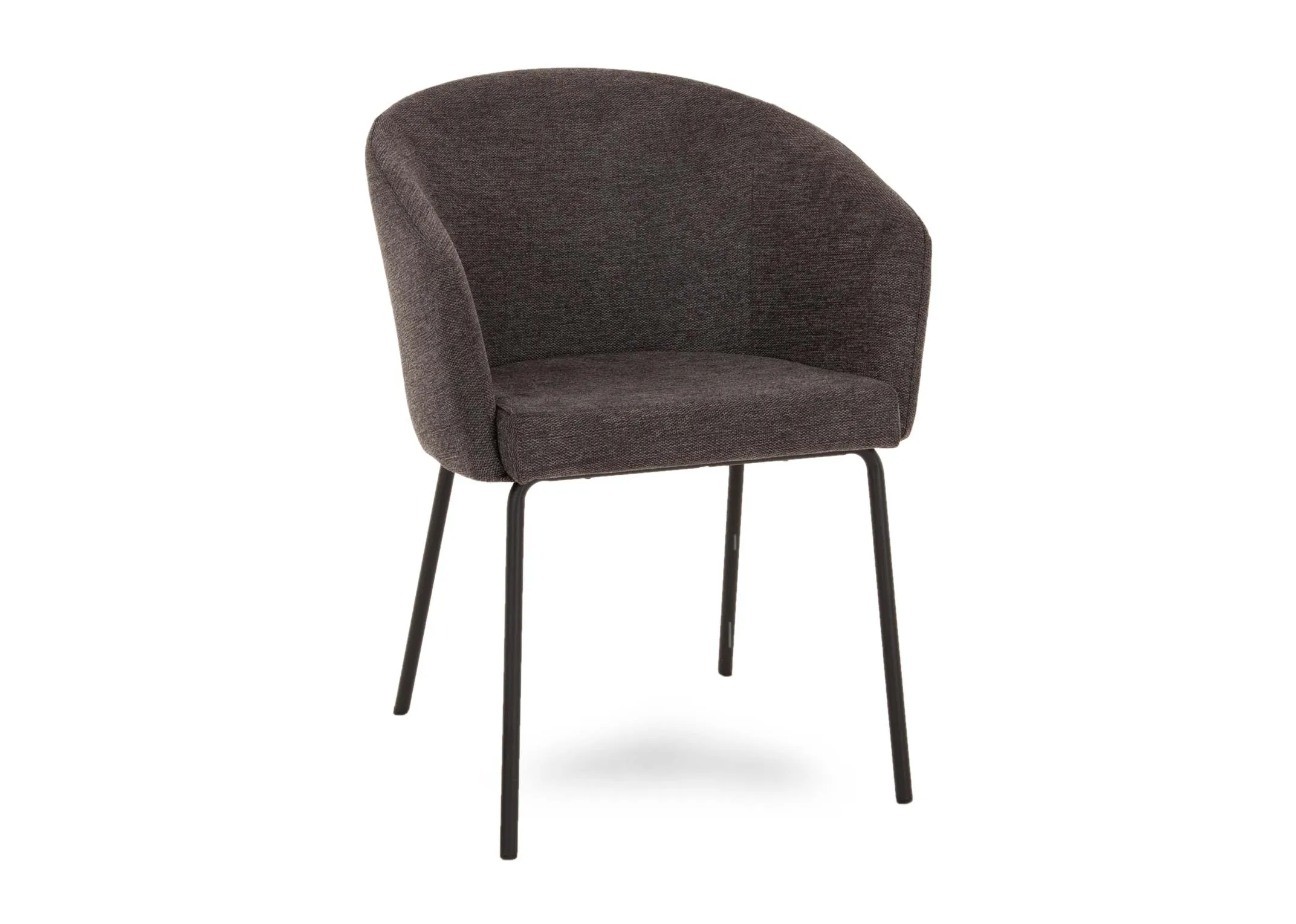 A dark grey fabric dining chair with black legs from EZ Livings Easton range. Angled view of metal legs
