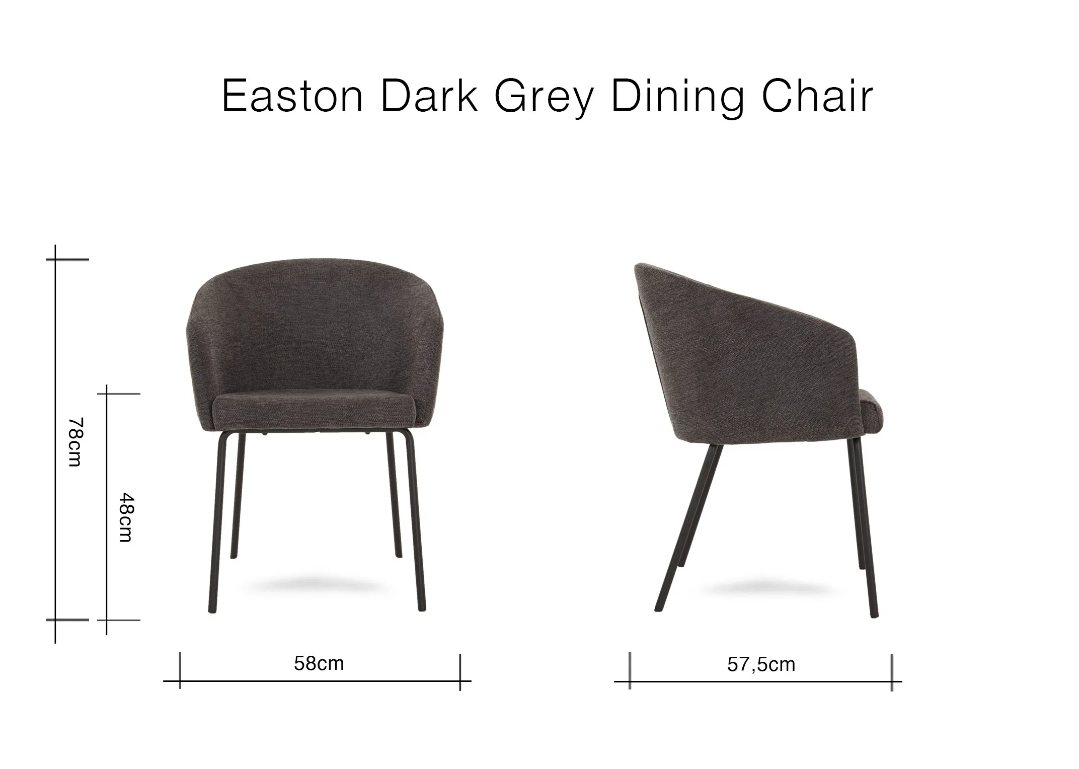 A dimension image of the Easton Grey dining chair with 57.5cm x 58cm x 78cm