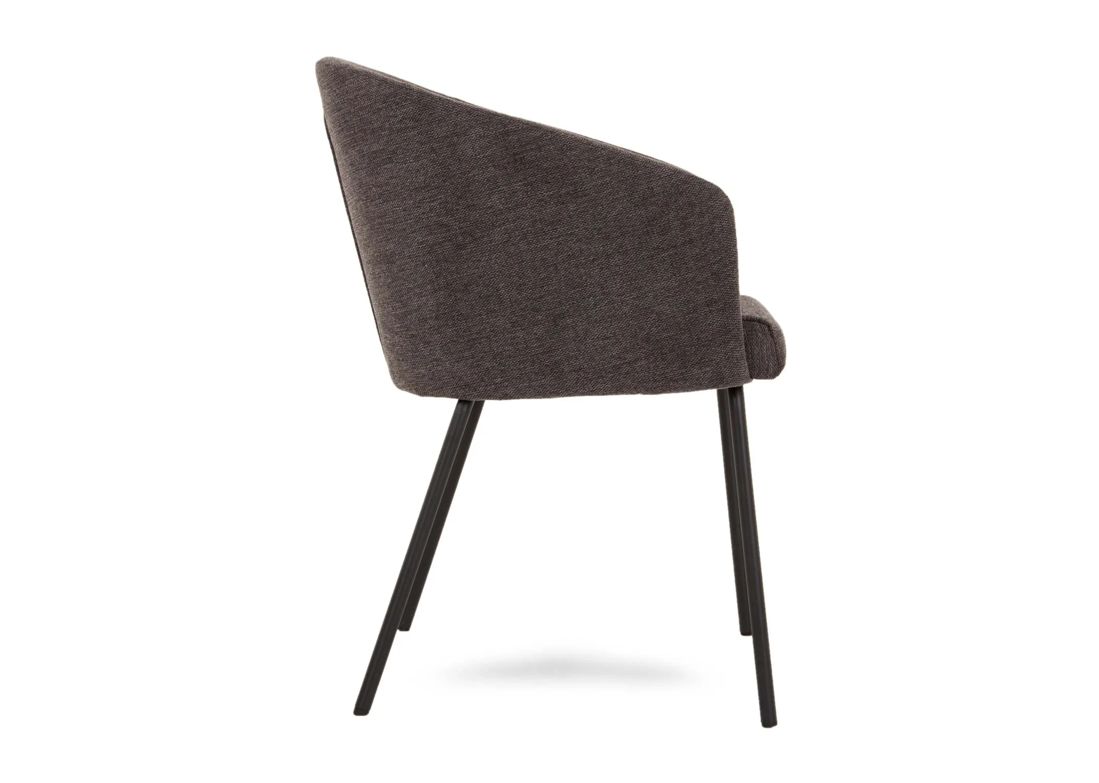 A dark grey fabric dining chair with black legs from EZ Livings Easton range. Side view of curved seat