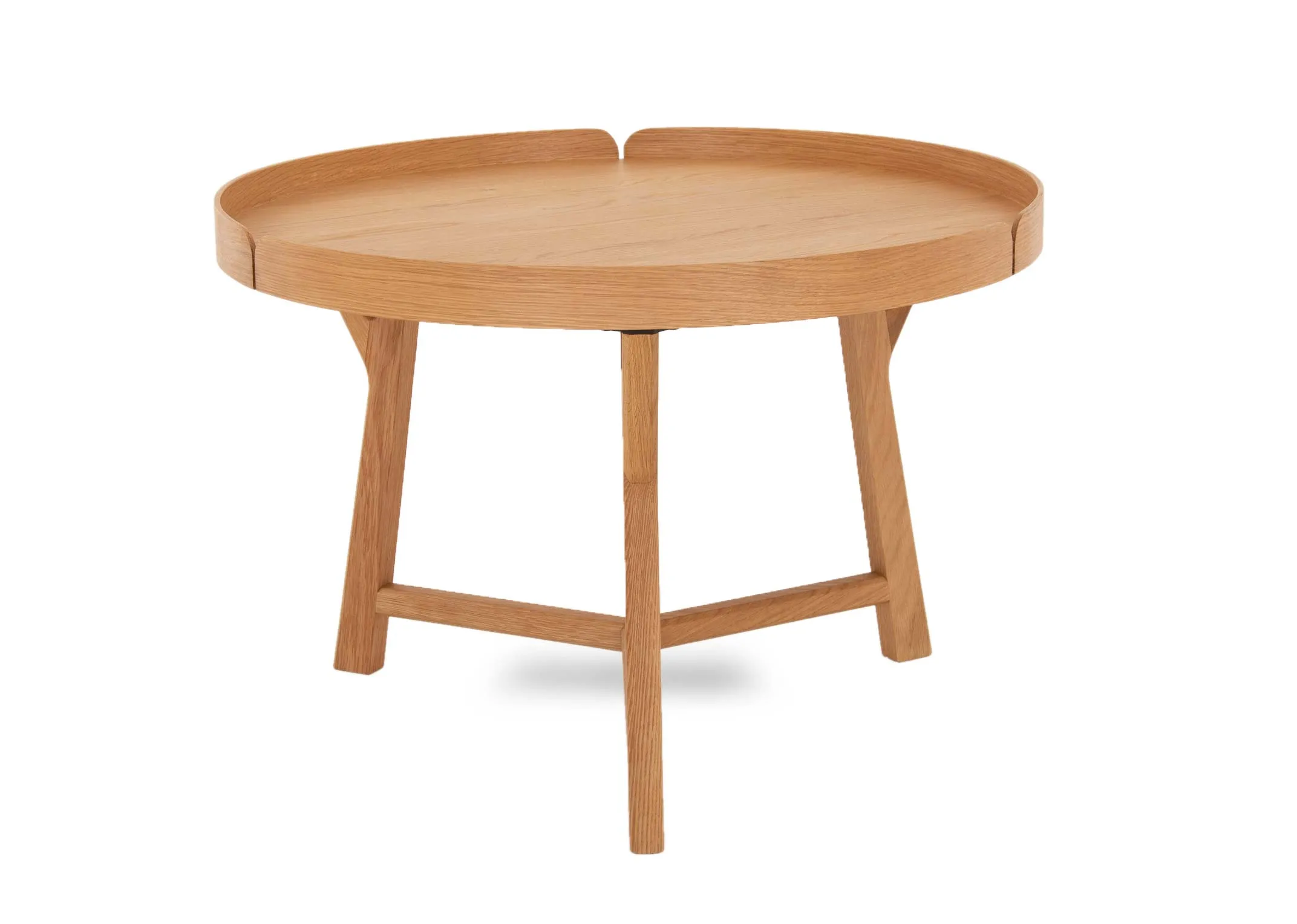 A low oak round coffee table from EZ Livings Trieste range. Angled view