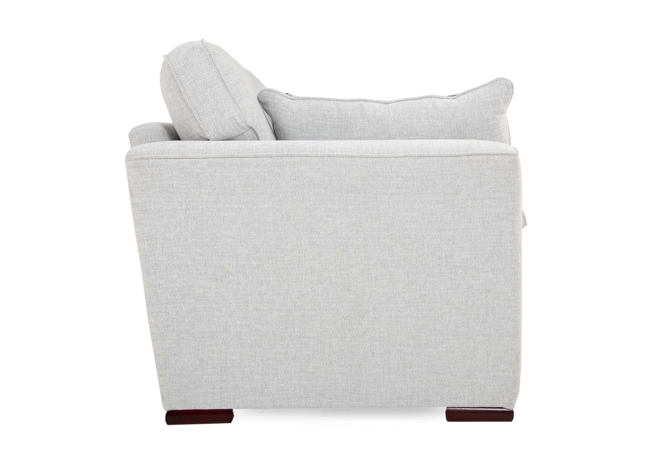 A light grey fabric 3 seater sofa from EZ Livings Santorini range. Side view of dark walnut leg
