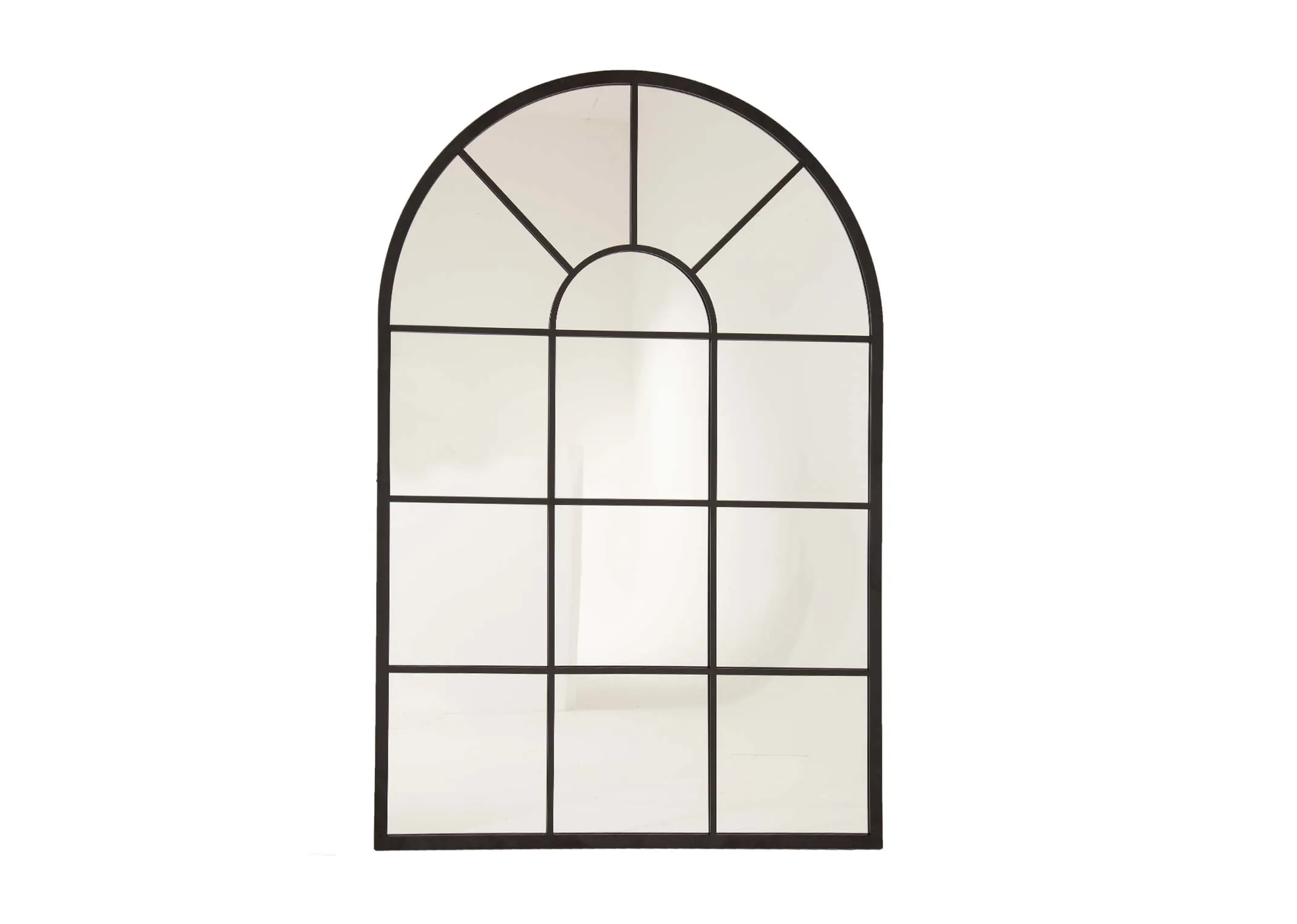An arched black framed window mirror from EZ Livings Bella range. Front view of mirror with 9 square & arched panels