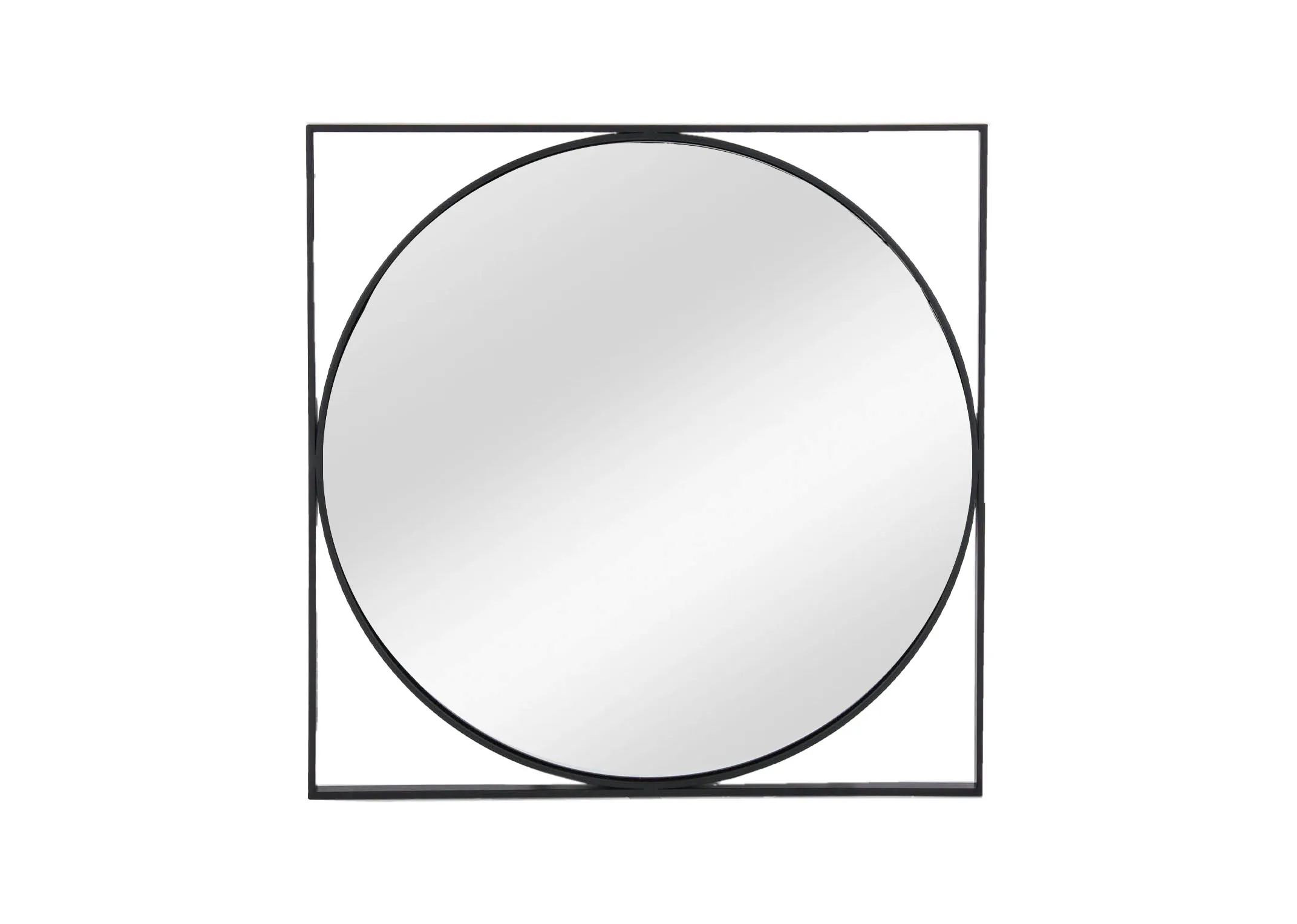 A square mirror with a round metal mirror centre from EZ Livings Lyra range.