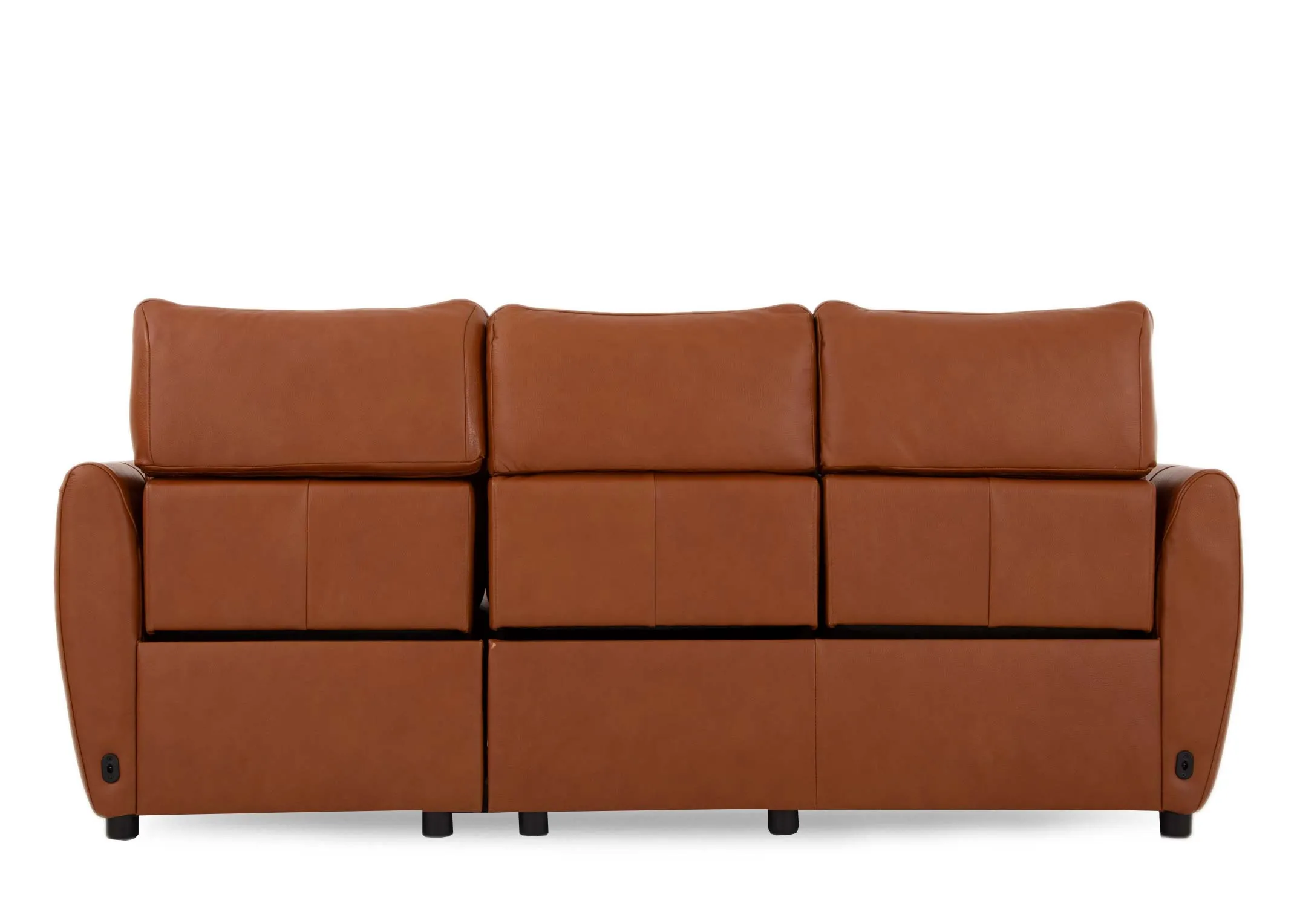 A tan leather 3 seater power reclining sofa from EZ Livings Icon range. Back view of warrantied frame
