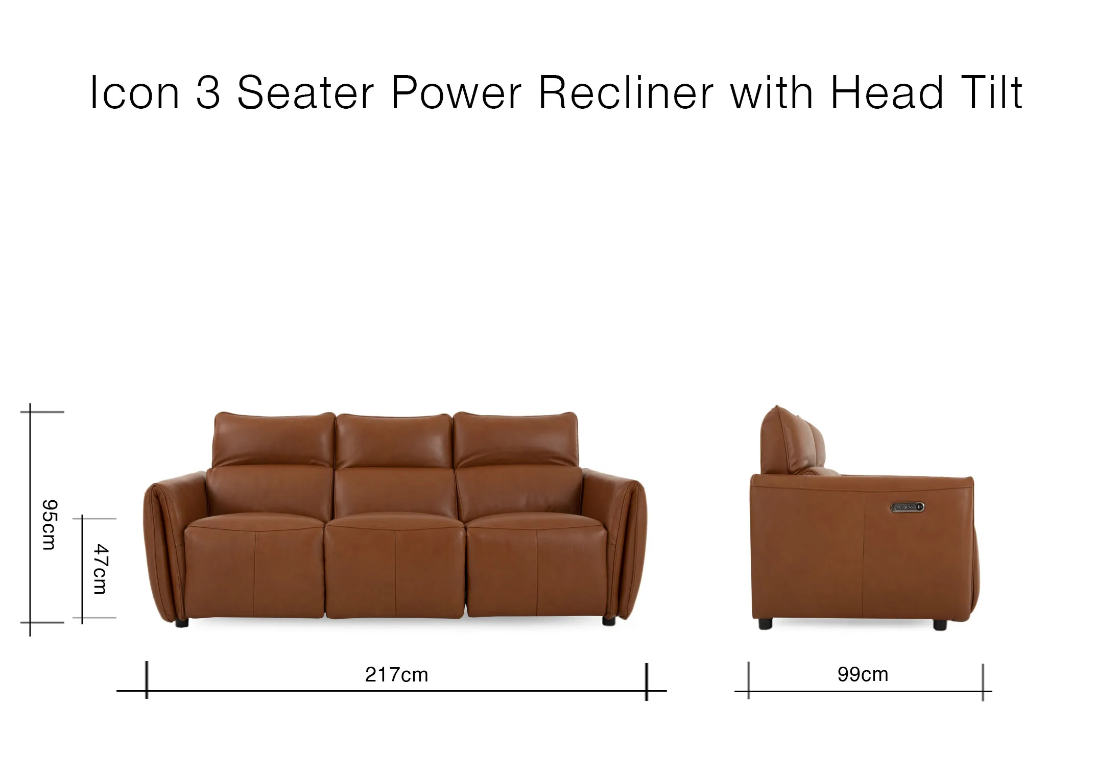 A dimension image of the Icon 3 Seater Recliner with 217cm x 99cm x 95cm