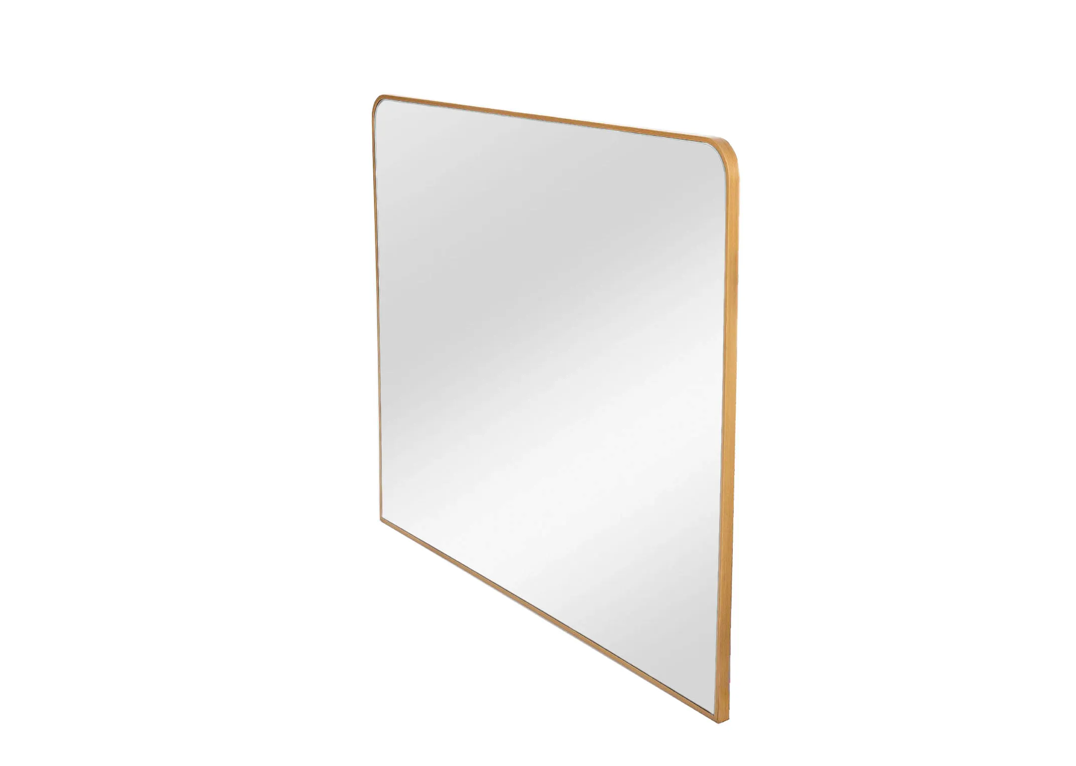 A gold rectangular framed mirror with curved edges from EZ Livings Fern range. Angled view