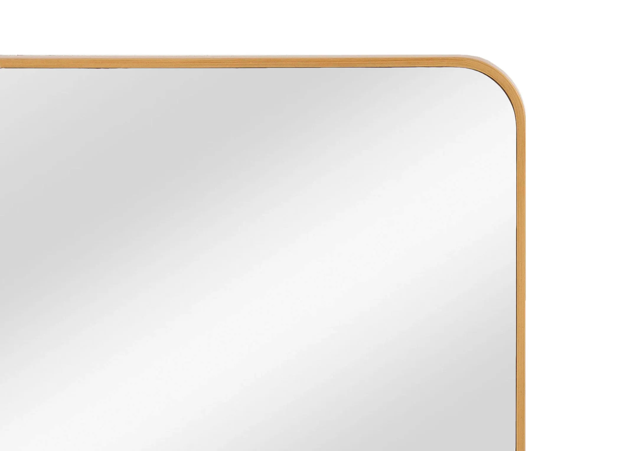 A gold rectangular framed mirror with curved edges from EZ Livings Fern range. Closeup of frame