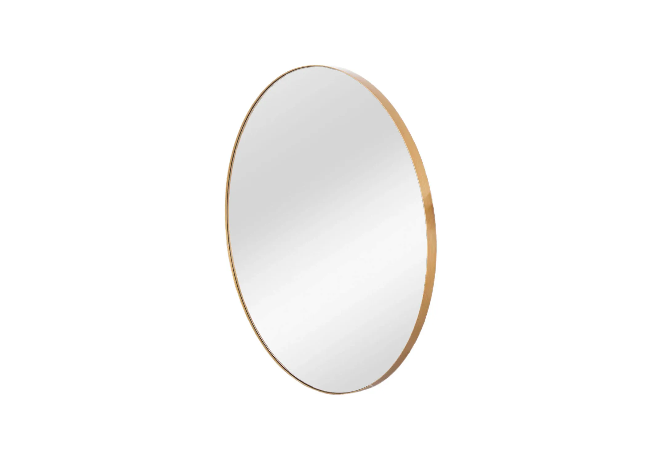 A large round mirror with gold frame from EZ Livings Elling range. Angled view