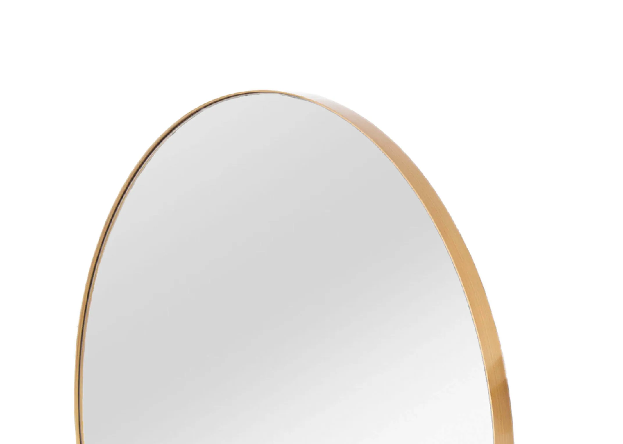 A large round mirror with gold frame from EZ Livings Elling range. Closeup of thick gold frame