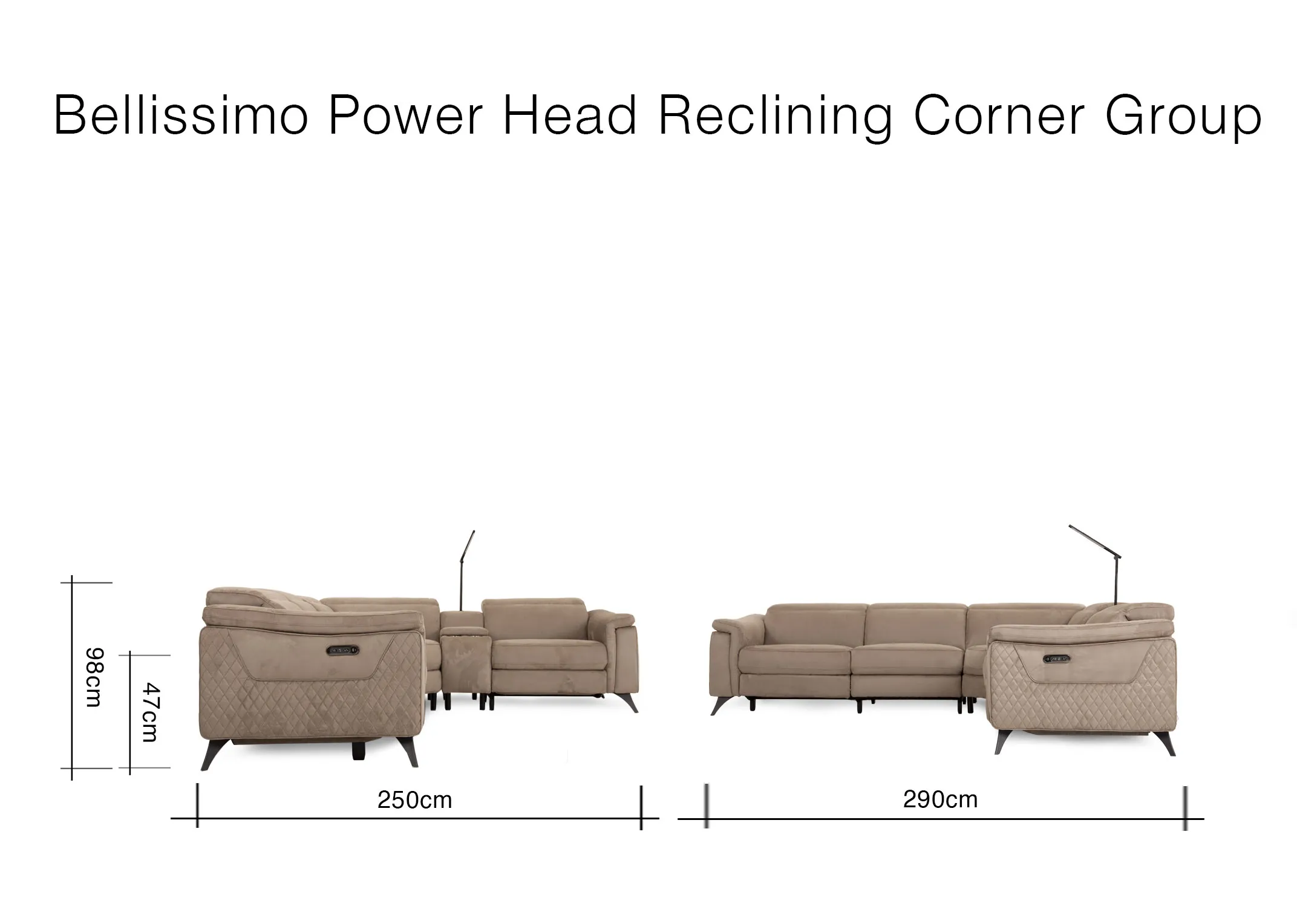 A dimension image of the Bellissimo Power Coner sofa with 250cm - 290cm x 98cm