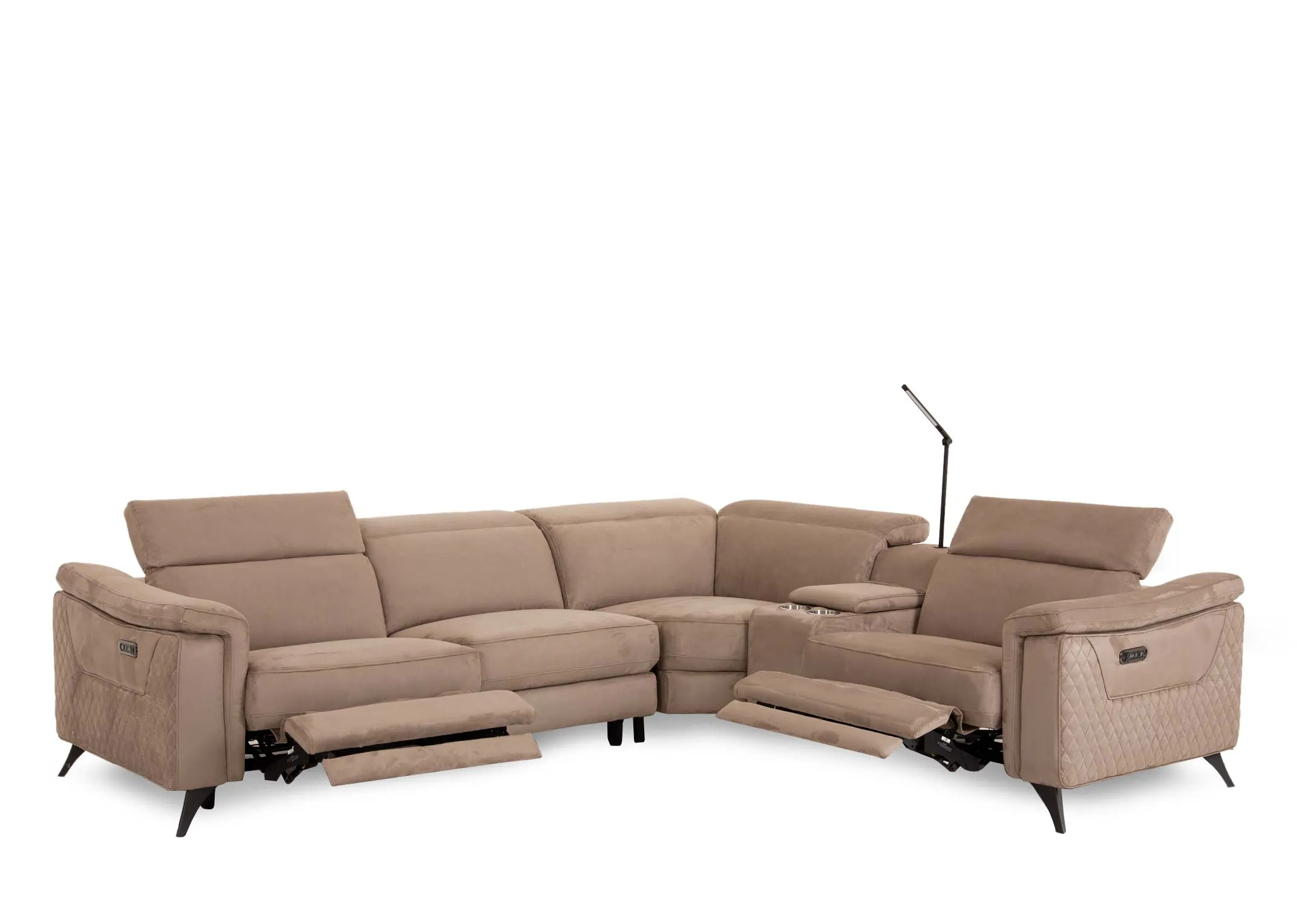 A grey fabric power reclining corner sofa from EZ Livings Bellissino range. reverse side of pattern and remote on either side