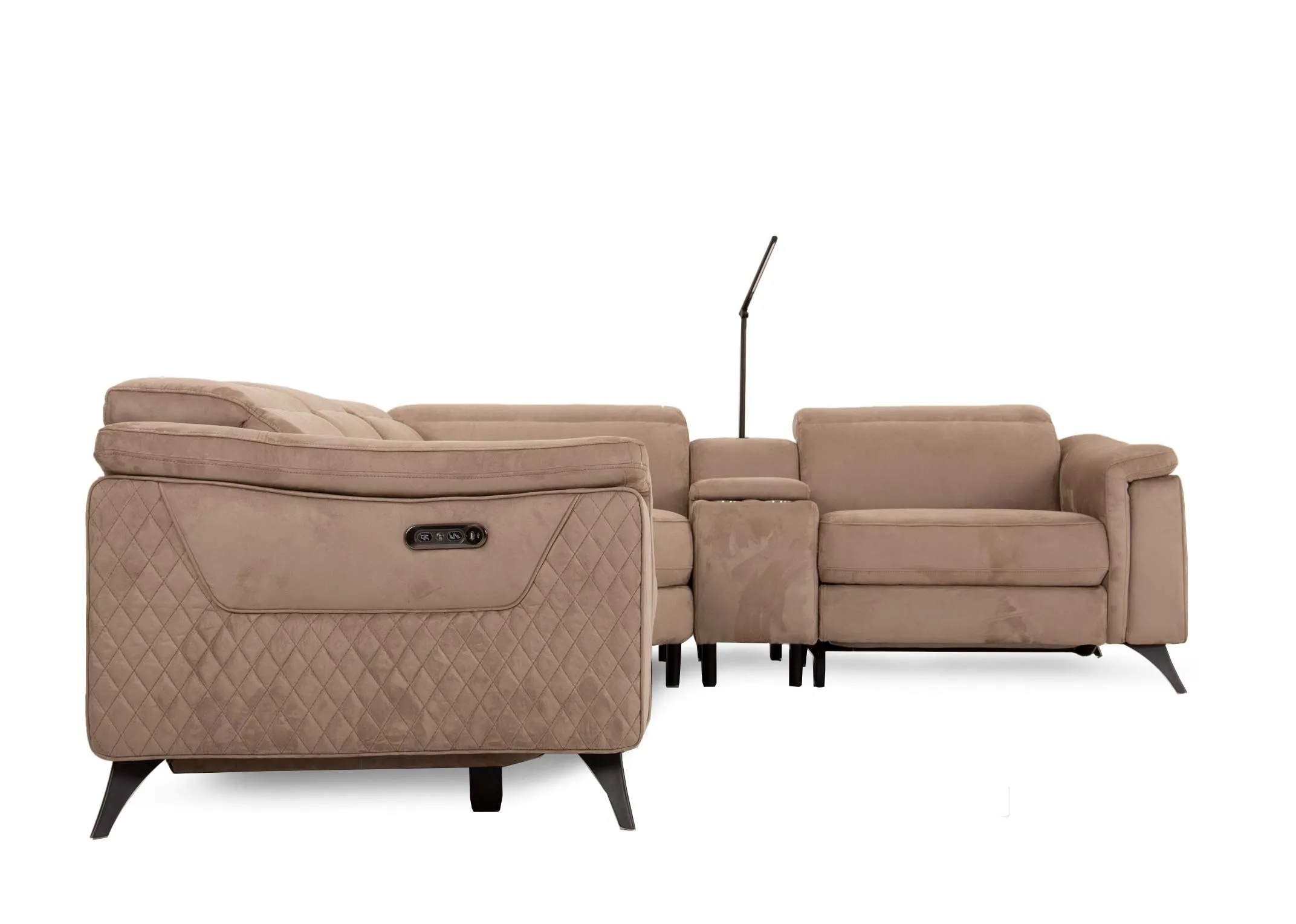A grey fabric power reclining corner sofa from EZ Livings Bellissino range. Back view of warrantied frame