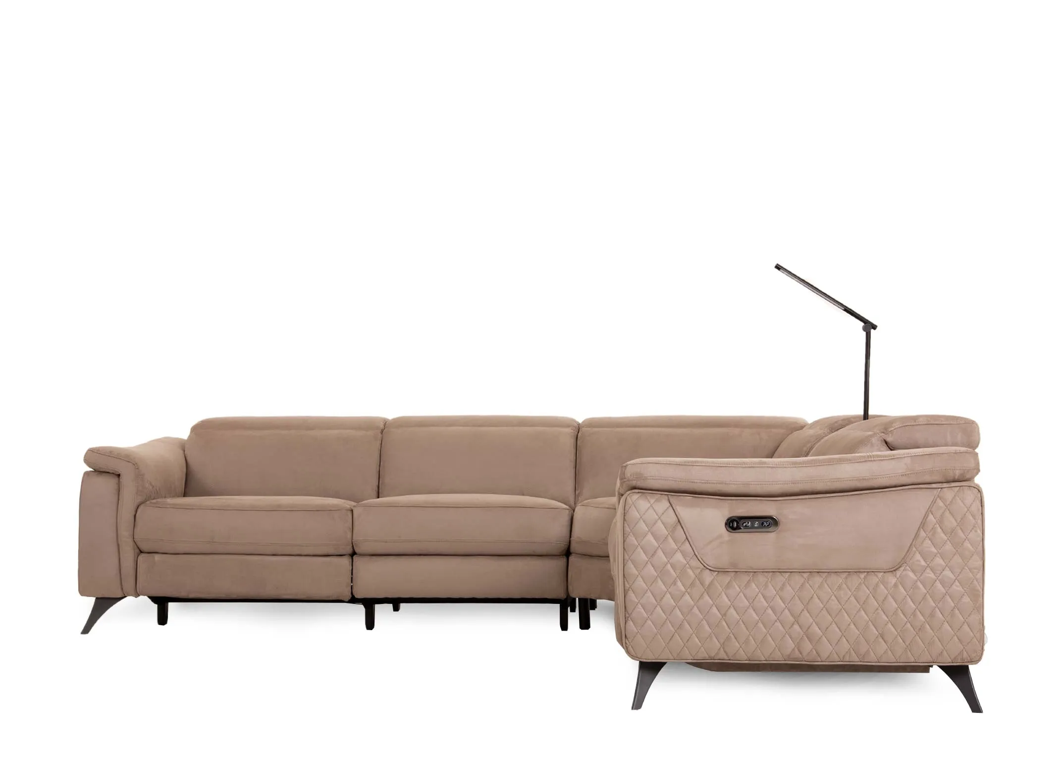 A grey fabric power reclining corner sofa from EZ Livings Bellissino range. Back view of warrantied frame