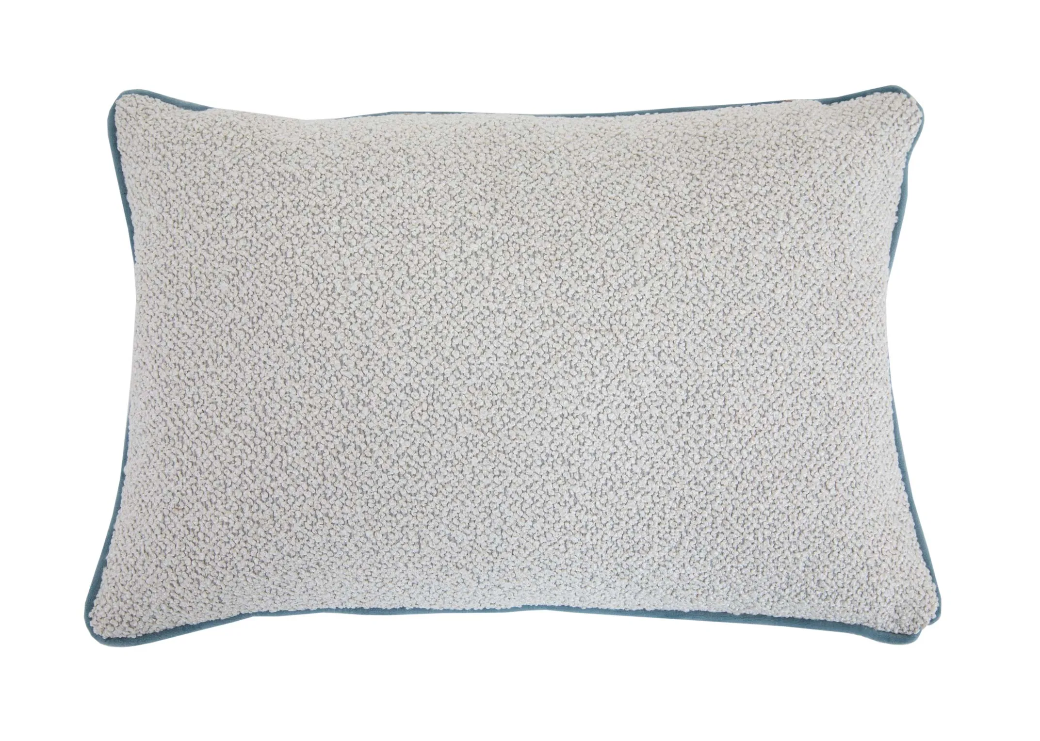 A ivory bolster cushion with pale blue trim from EZ Livings Leighton range. Front view.