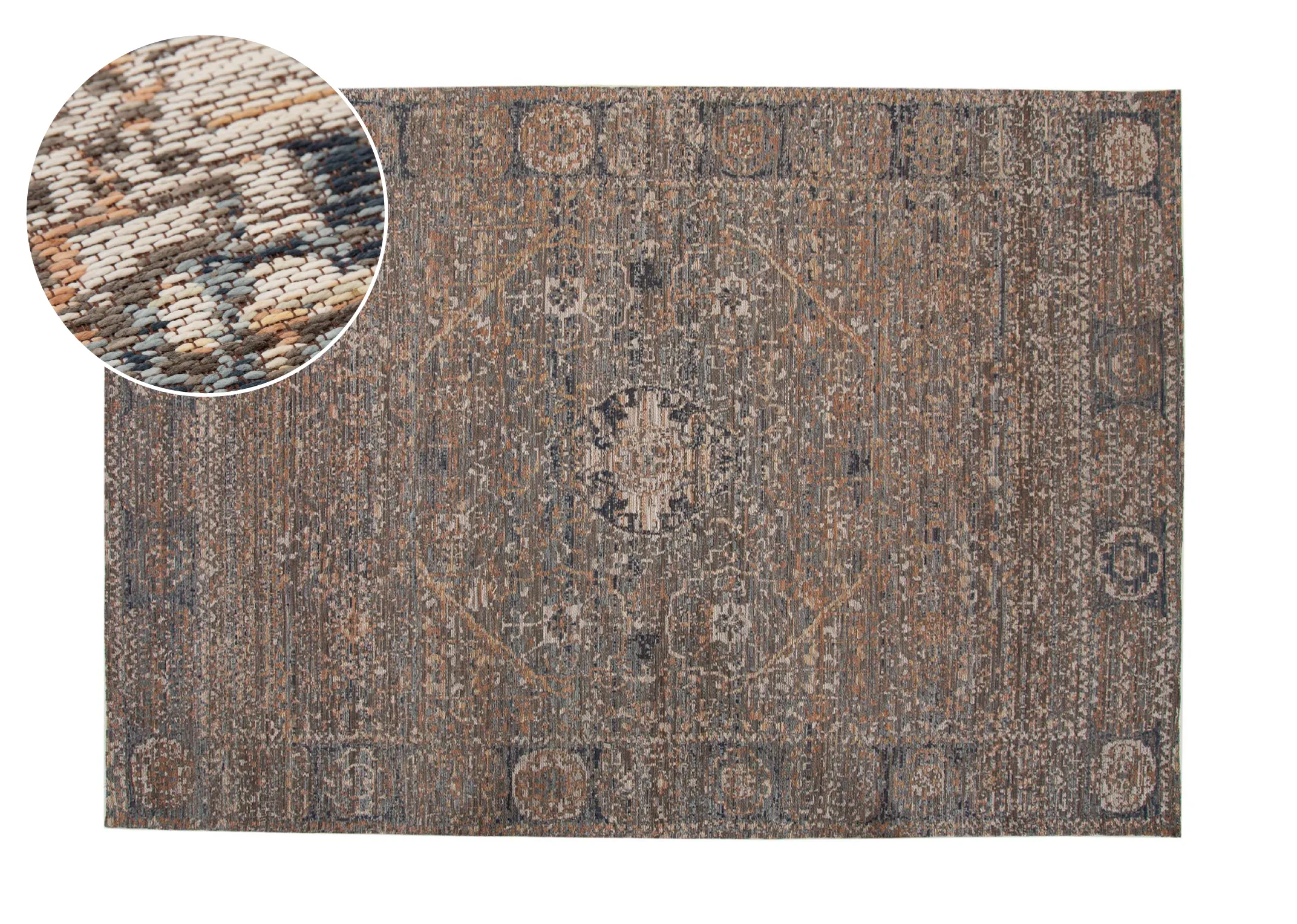 A rust grey & silver print rug from EZ Livings Maxima range. Front view of persian inspired print rug