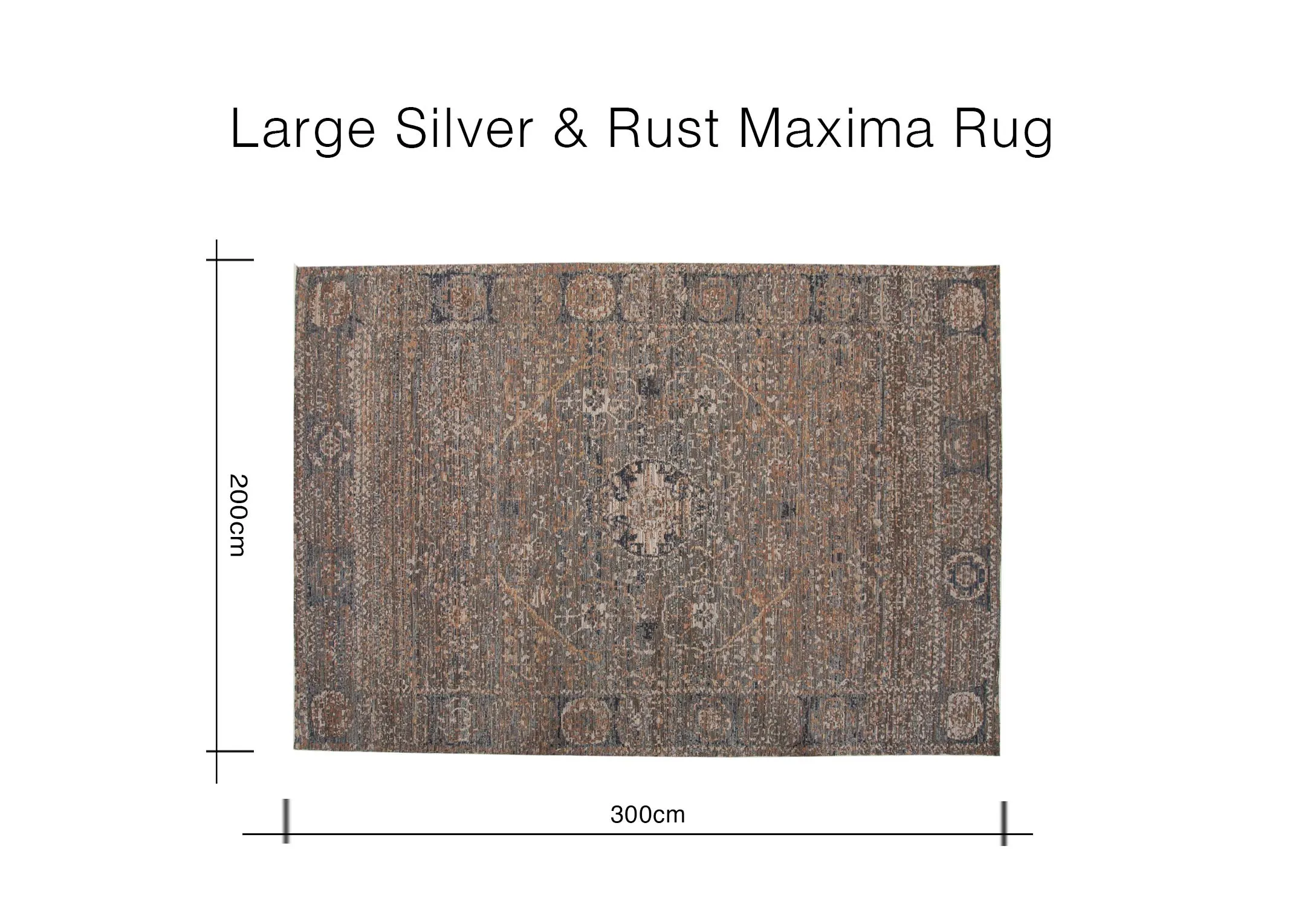 A dimension image of the Large Silver & Rust Maxima rug with 200cm x 300cm