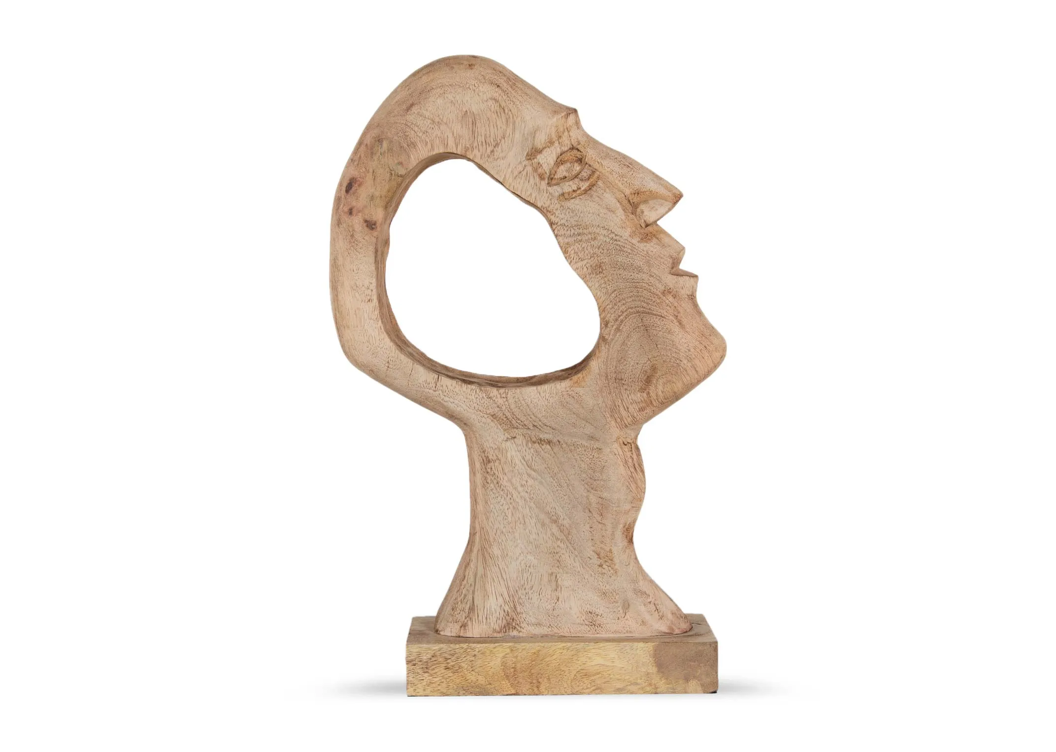 A wood face ornament with a carved out space from EZ Livings Masimo range. Angled view shows light oak finish.