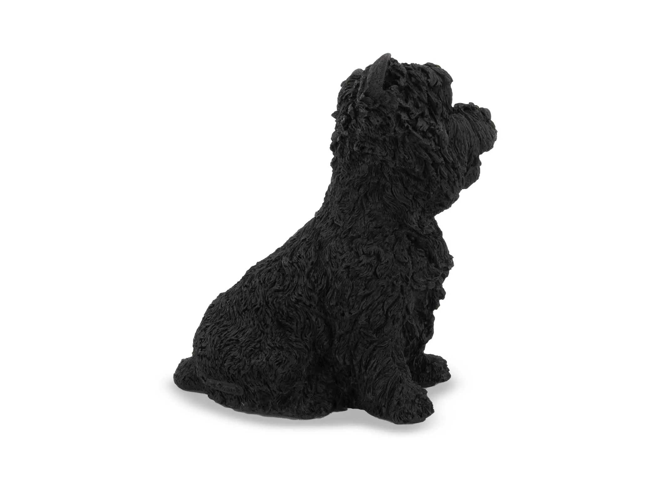 A black ornament of a cheeky sitting terrier dog from EZ Living Furnitures Ornament range. Back veiw of carved fur detail