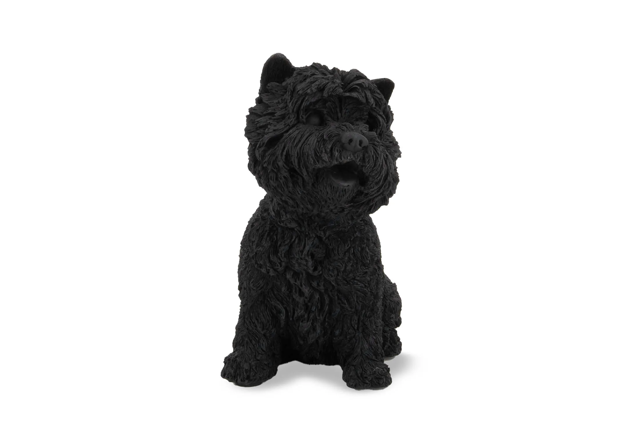 A black ornament of a cheeky sitting terrier dog from EZ Living Furnitures Ornament range. Front view of happy dog face