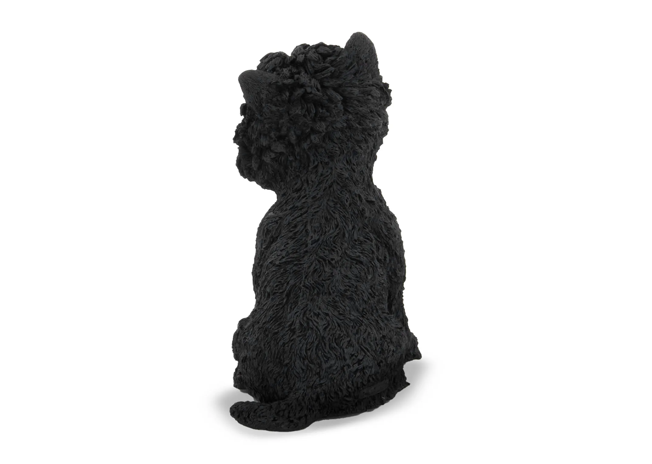 A black ornament of a cheeky sitting terrier dog from EZ Living Furnitures Ornament range. Back view