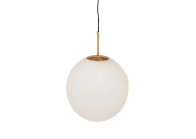 An antique bronze ceiling lamp with gold fittings from EZ Livings Medina range. Closeup of white globe