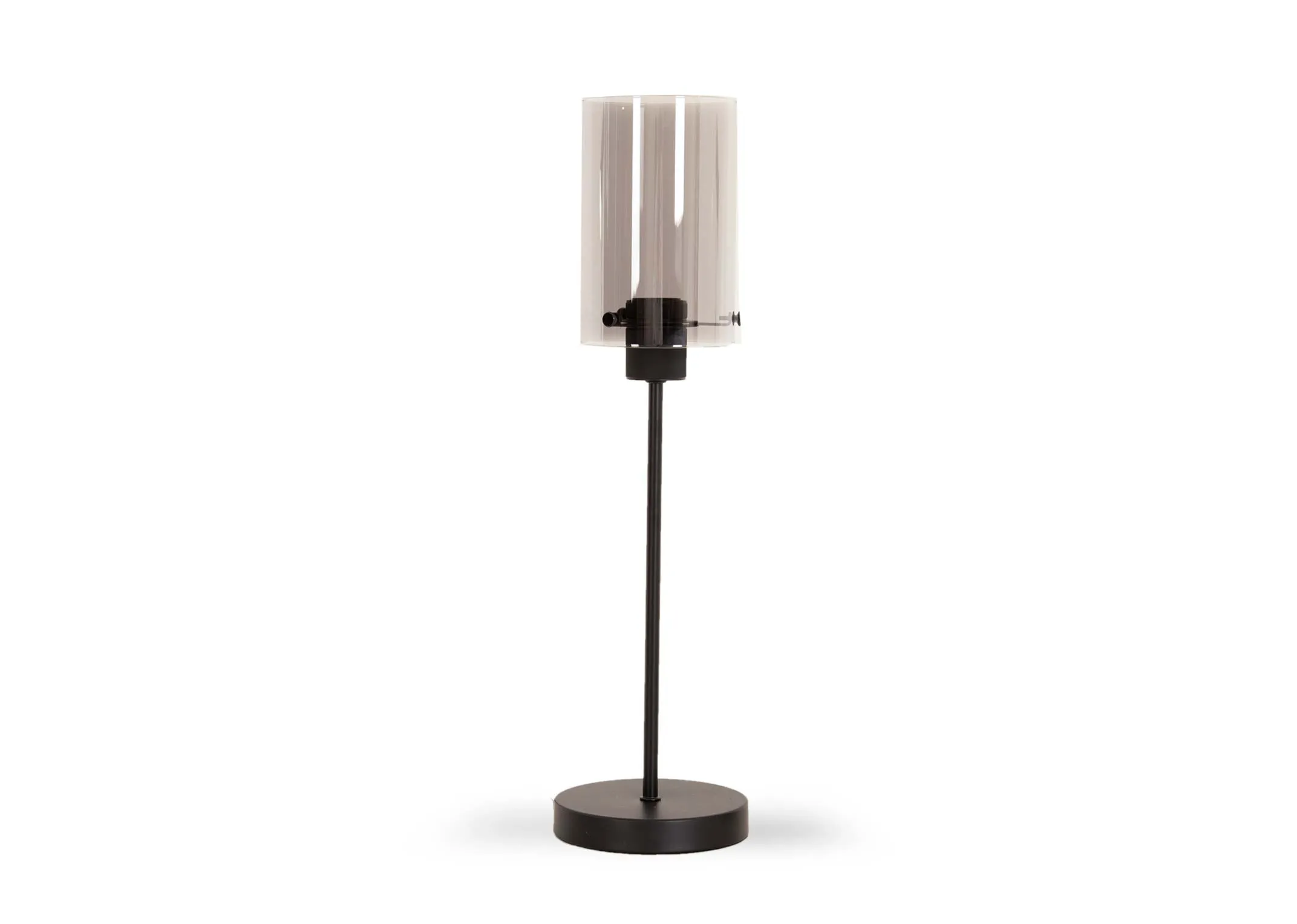 A black metal table lamp with round base and smoked glass shade from EZ Livings Karina range.