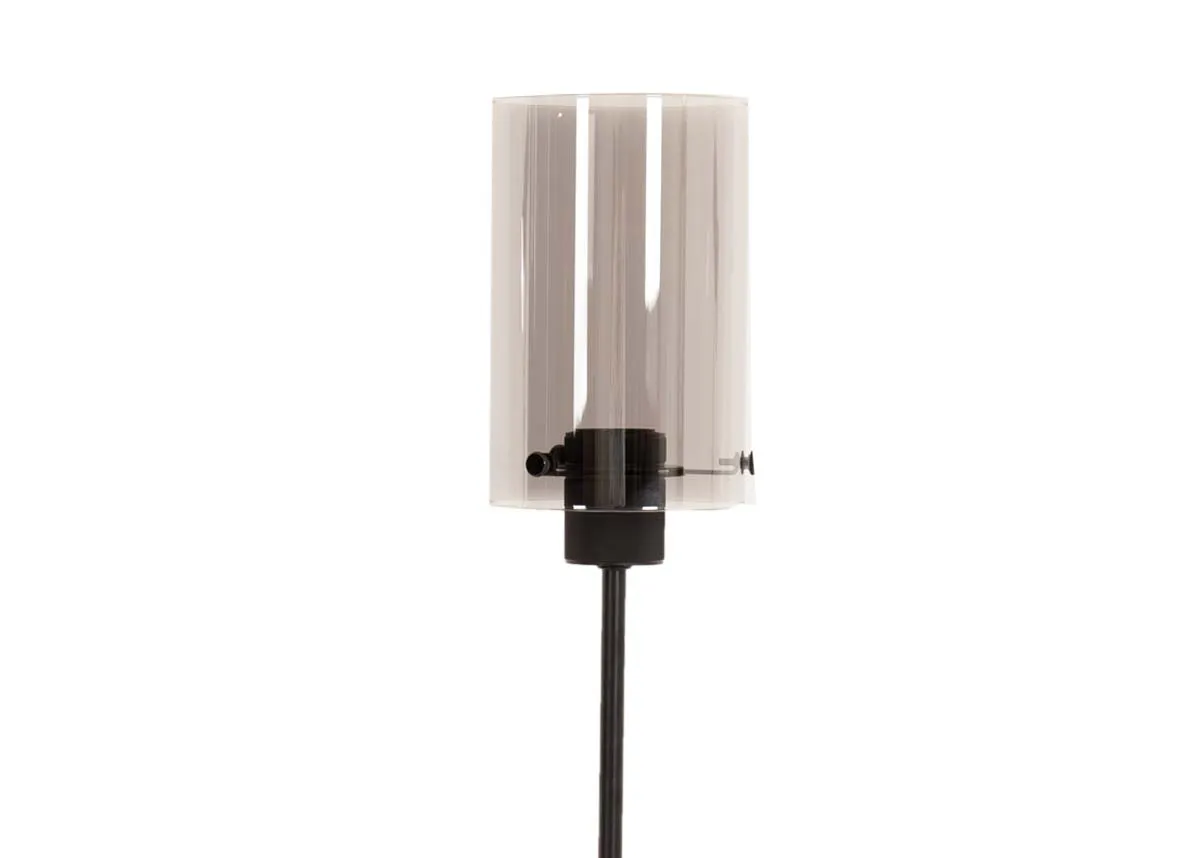 A black metal table lamp with round base and smoked glass shade from EZ Livings Karina range. Closeup of e27 bulb holder