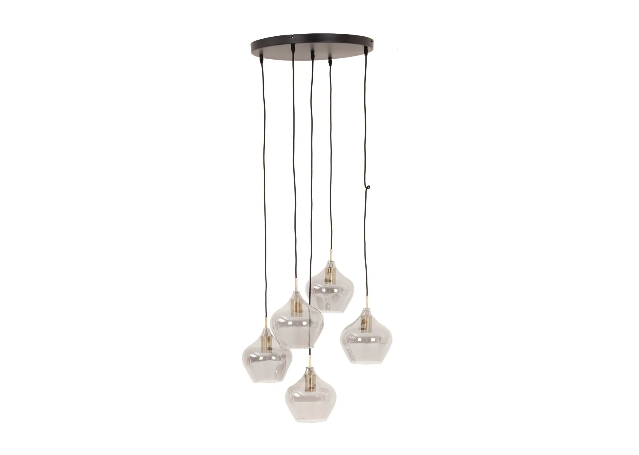A large plate with 5 smoked glass pendants suspended from EZ Livings Rakel range. Front view.