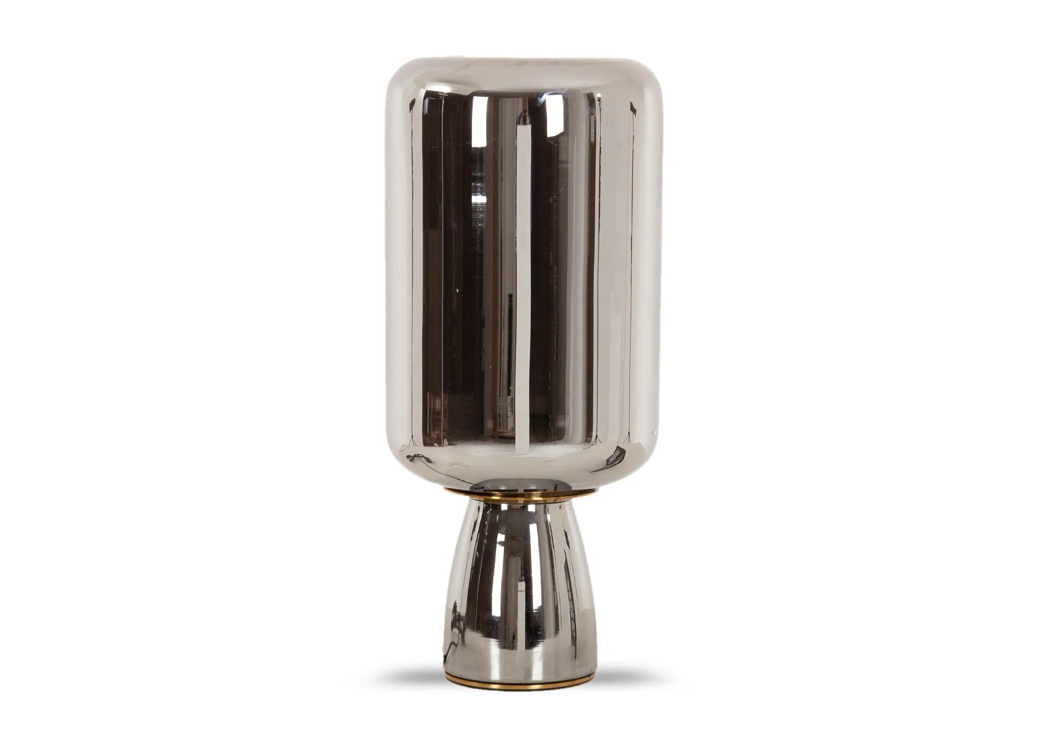 A silver grey glass table lamp with gold trim from EZ Livings Lotta range. Front view of smoked grey finish.