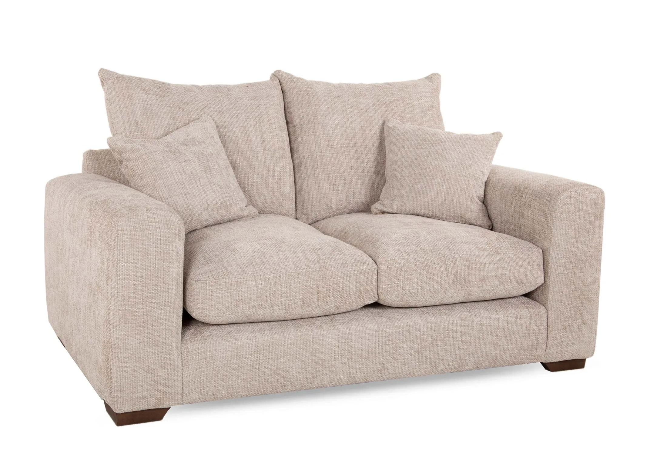 A beige fabric 2 seater sofa from EZ Livings Aurora range. Angled view of thick padded seat & back cushions