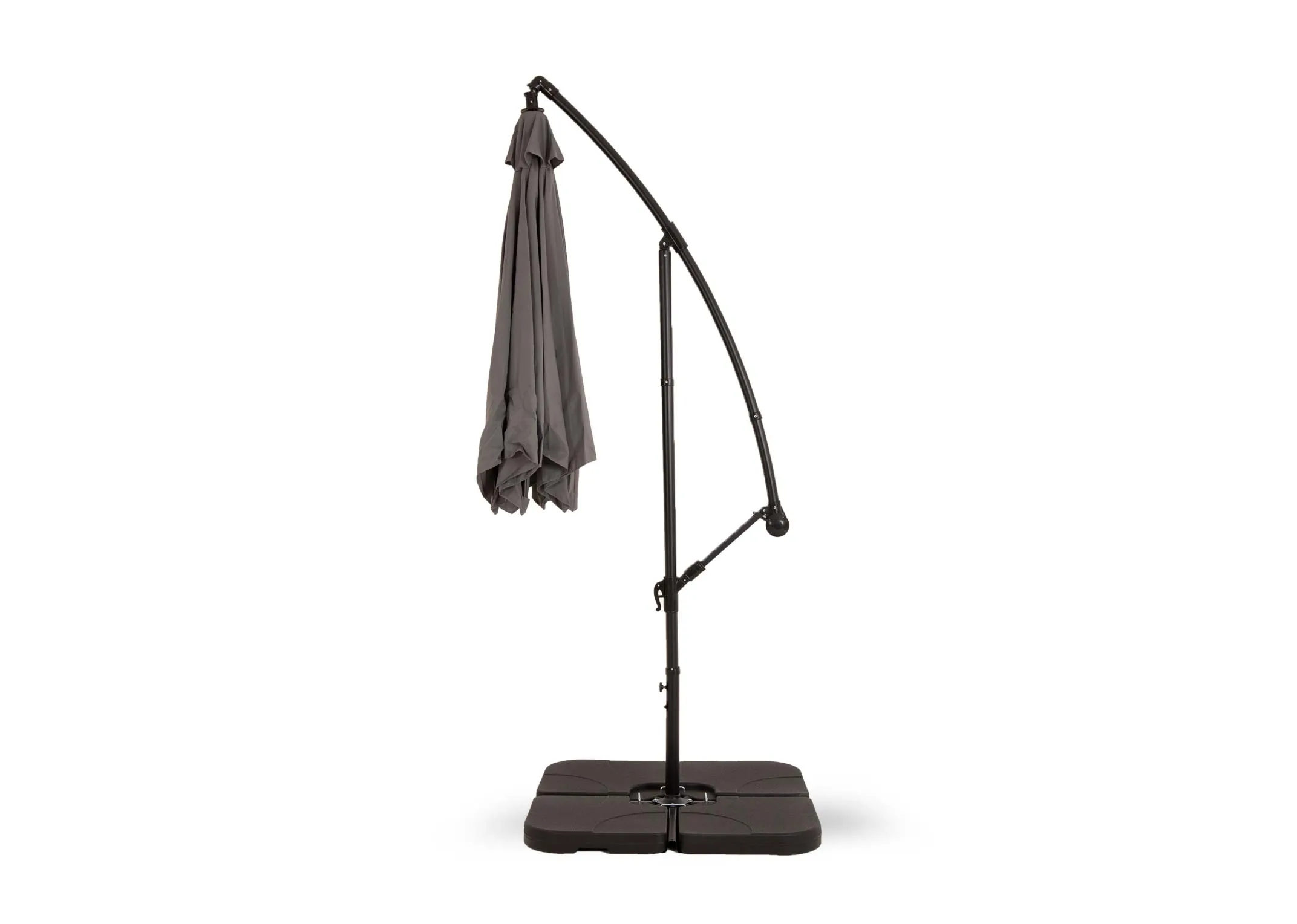 A large grey hangining outdoor parasol attached to base from EZ Livings Murcia range. Angled view of umbrella taken down