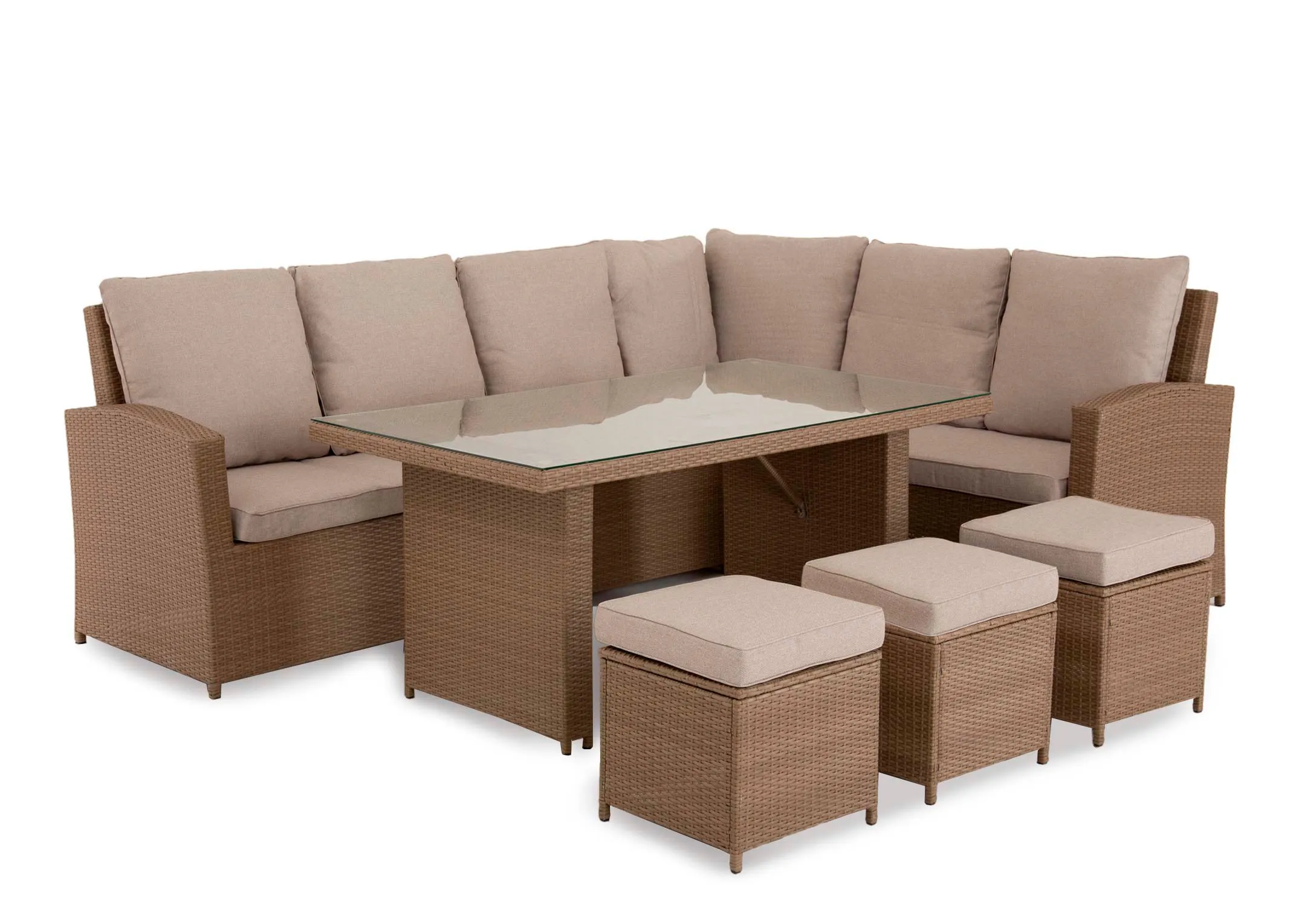 A lifestyle image of the Malaga Garden range in an outdoor setting with throws and Santa Cruz planters