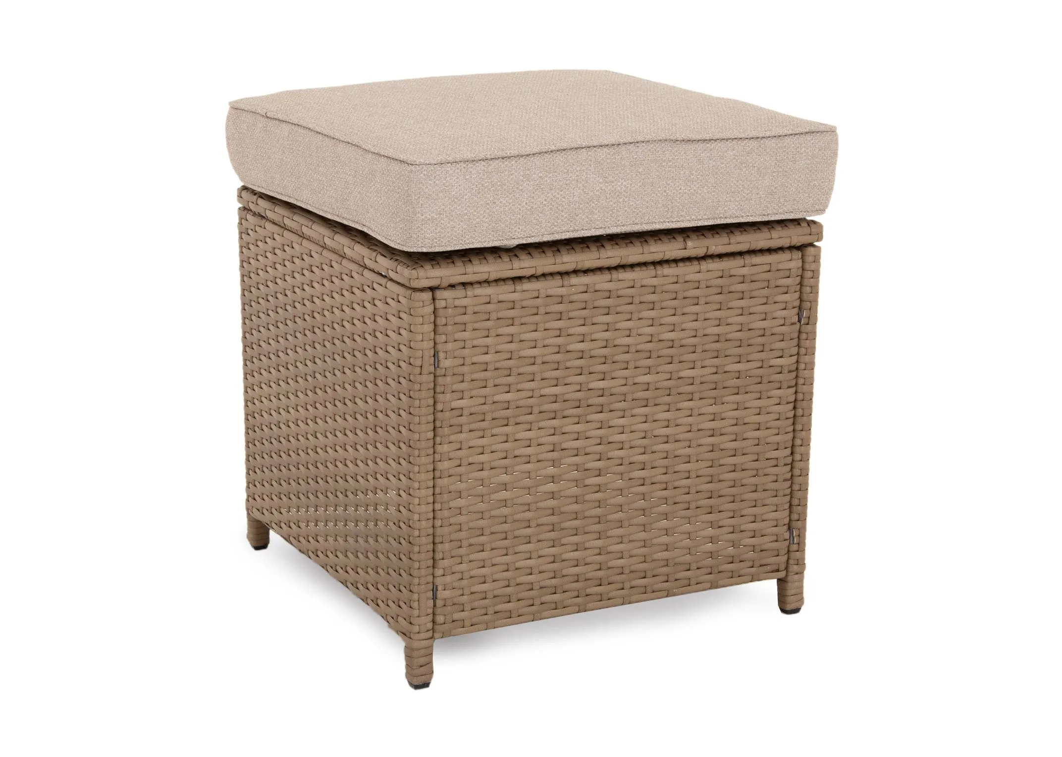 A closeup view of a light brown rattan corner sofa arm with textured beige cushions from EZ Livings Malaga Garden range.