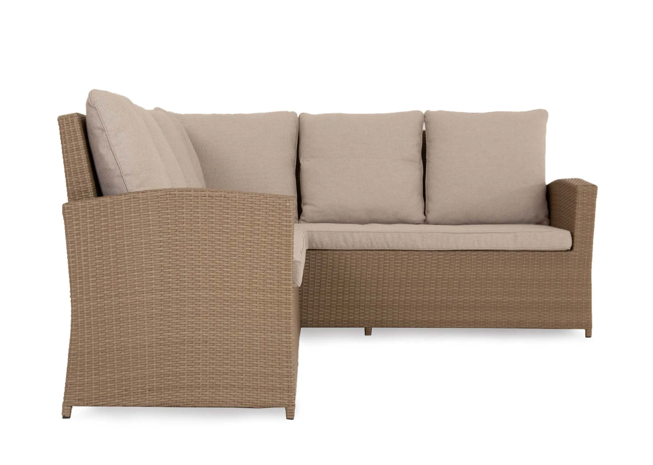 A front view of a light brown rattan corner sofa with beige cushions from EZ Livings Malaga Garden range.