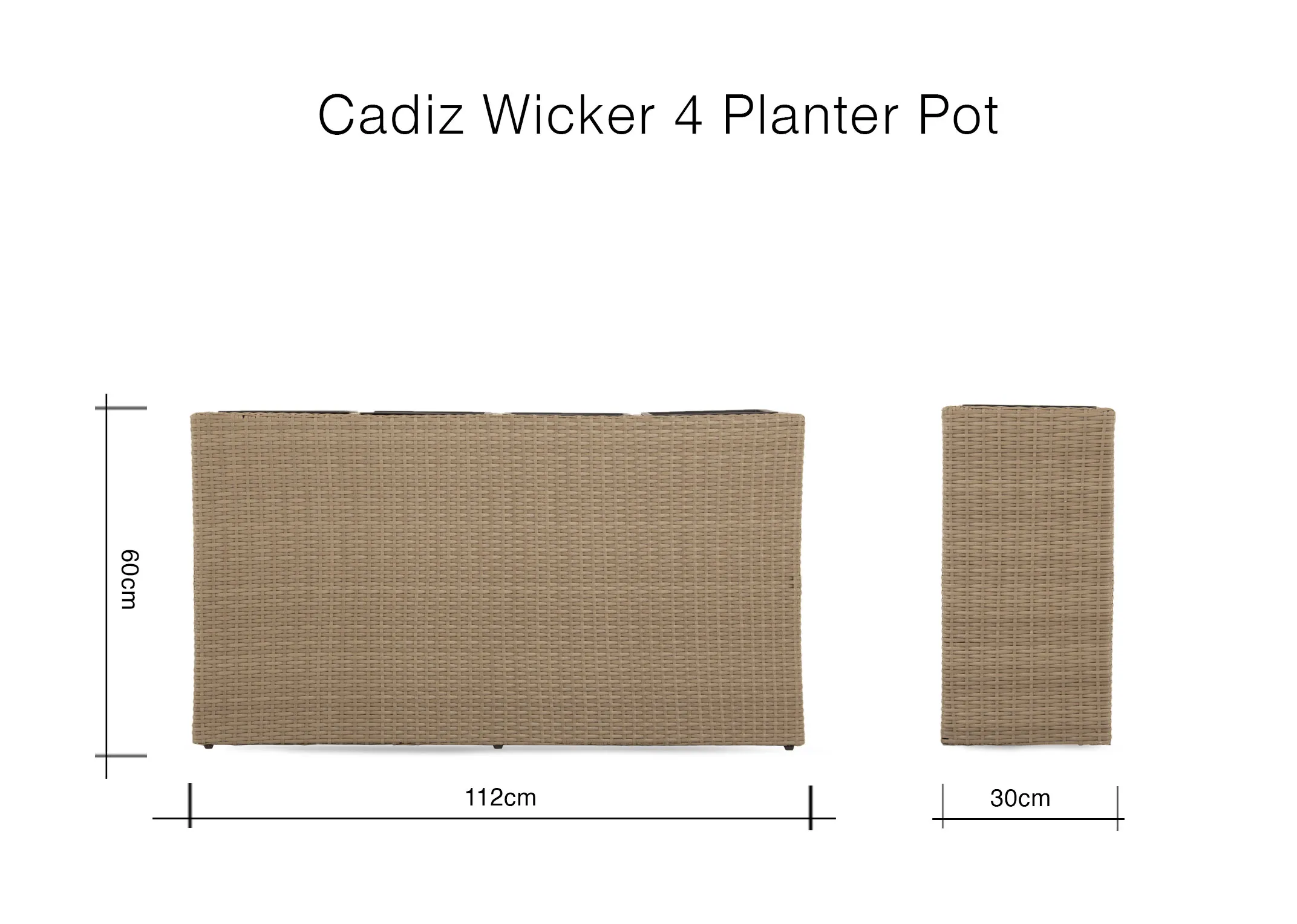 A dimension image of the Cadiz Wicker 4 Pot Planter with 112cm x 30cm x 60cm