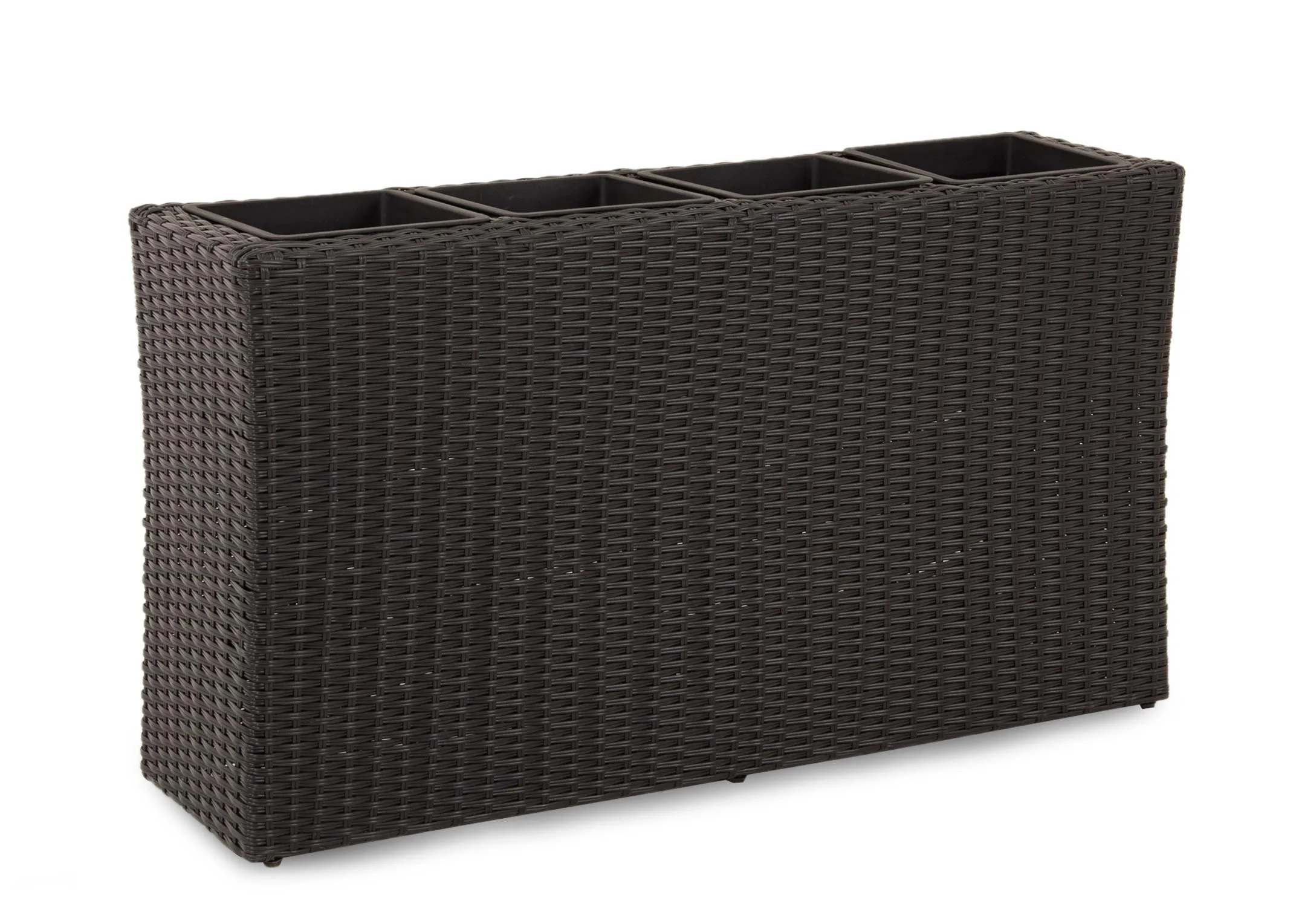 A 4 pot black wicker planter from EZ Livings Cadiz range. Angled view of wide wicker planter