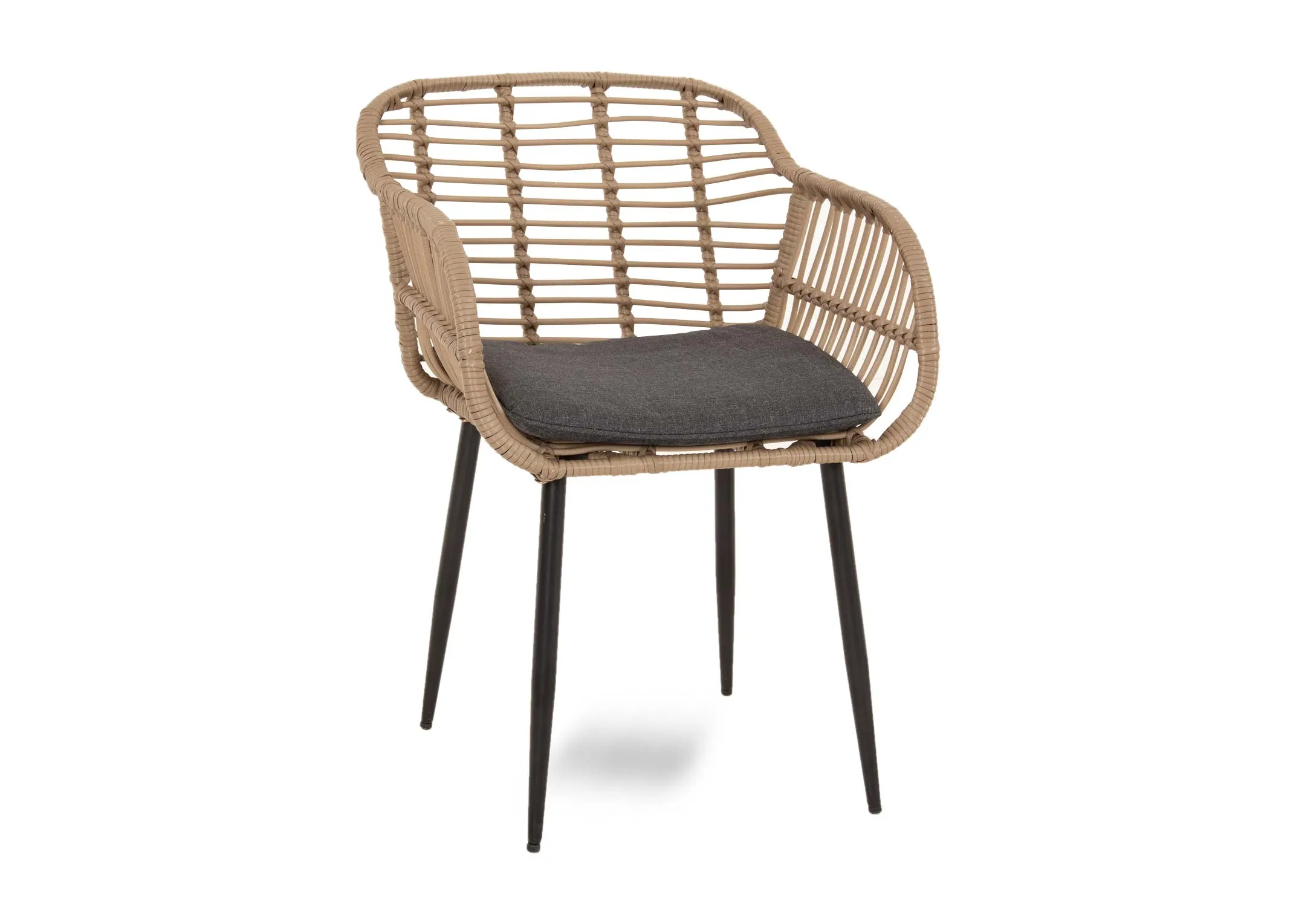 A bistro set with 2 wicker chairs and a small glass table from EZ Livings Menorca range. Angled view of rattan chair with metal legs