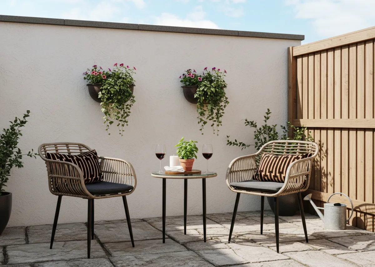 A lifestyle image of the Menorca set of 2 chairs and table with cushions in a forest landscape.