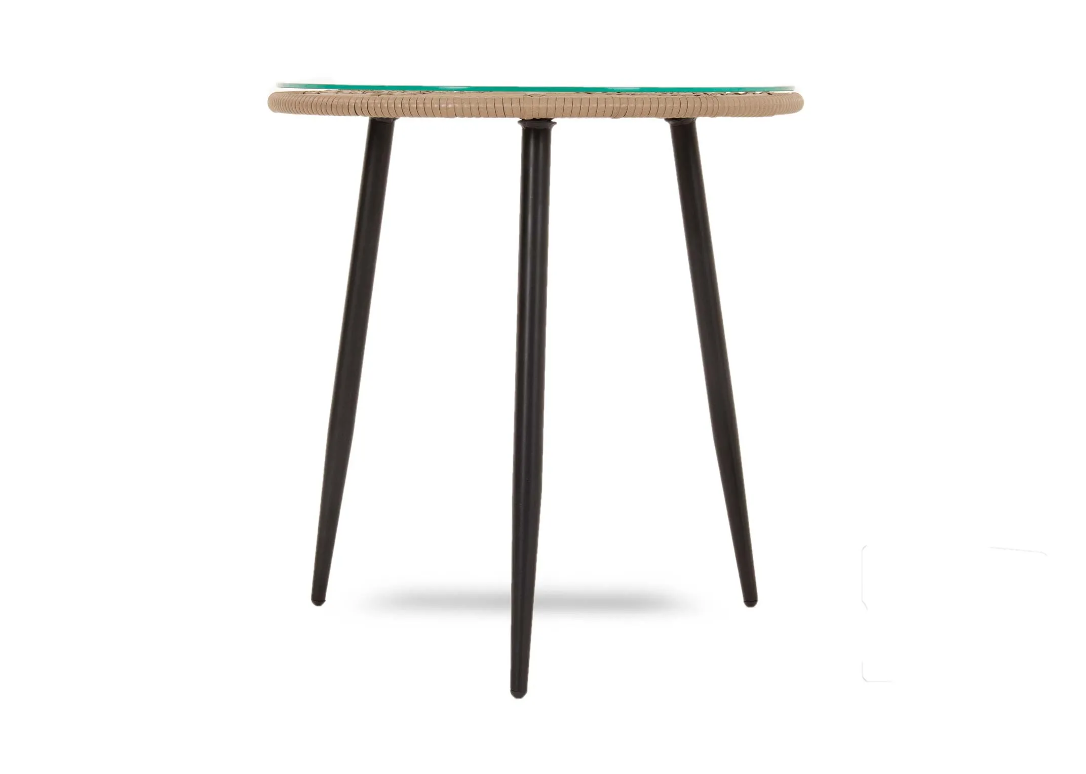 A bistro set with 2 wicker chairs and a small glass table from EZ Livings Menorca range. Front view of 3 metal legs on table